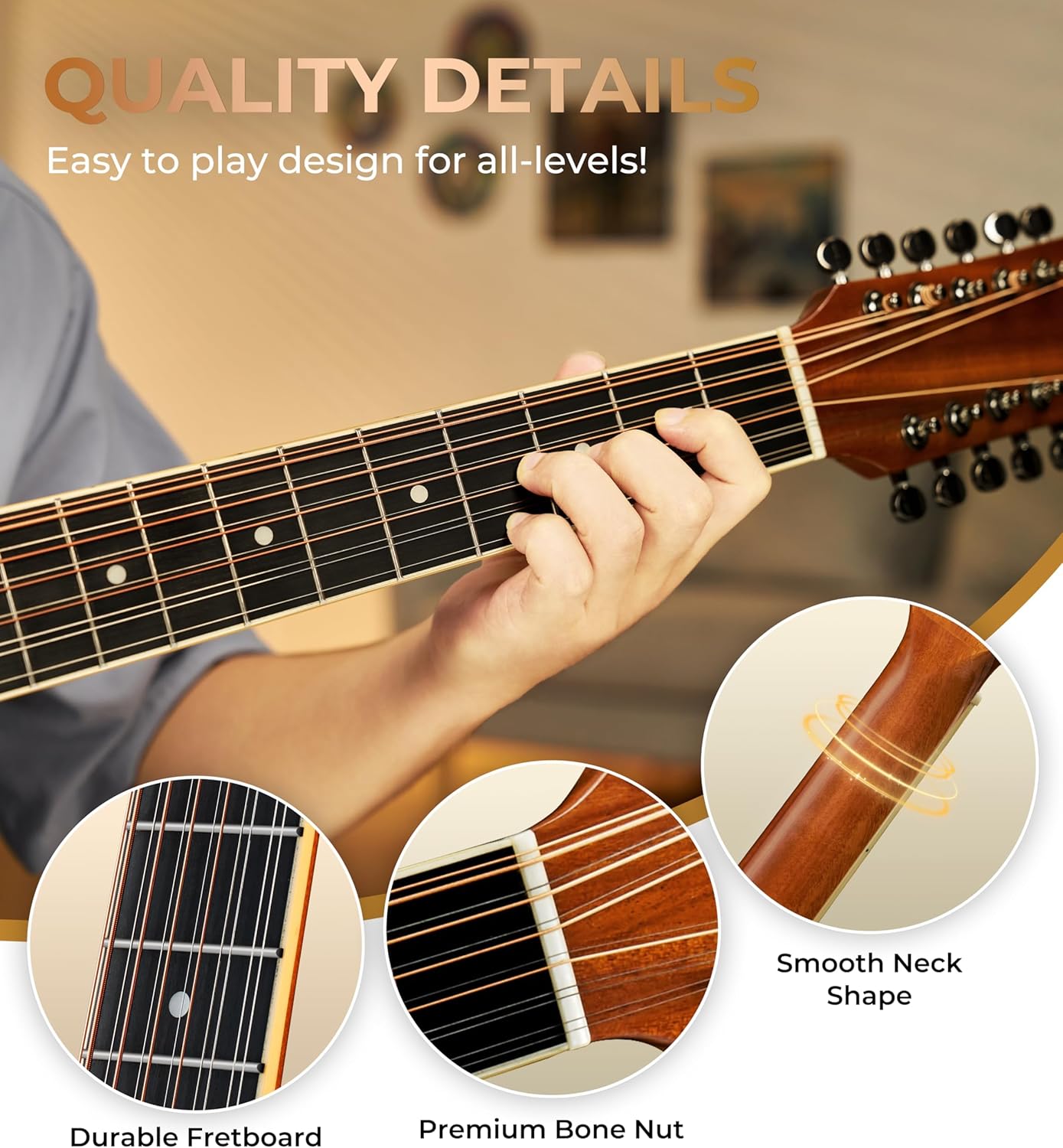 Vangoa 12 String Guitar Acoustic Electric, Upgraded Guitar 12 Strings Bundle for Beginner Intermediate Adults Teens, Guitarra de 12 Cuerdas, Sapele Body Bone Nut, Brown Glossy