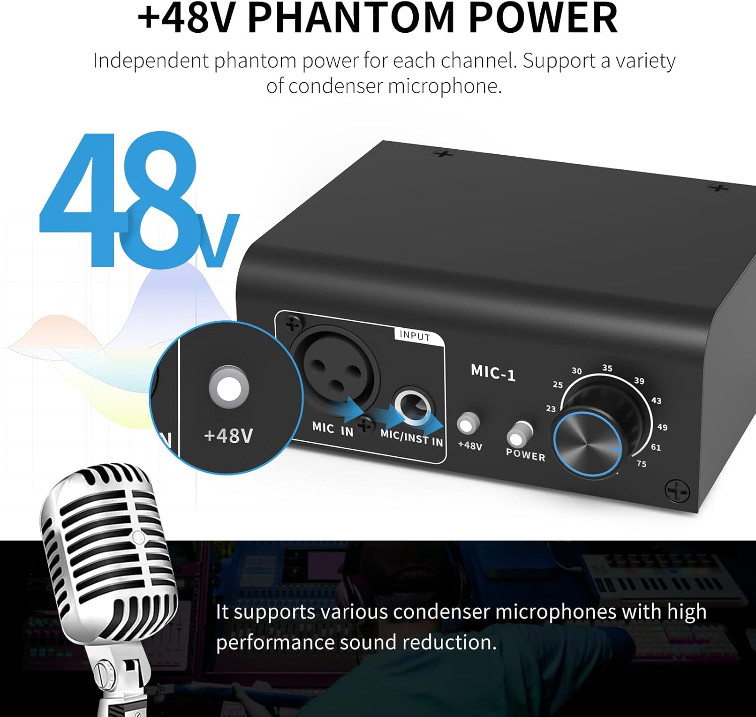 XTUGA XIC1 Microphone Preamp for Dynamic and Condenser Microphones Booster with 2 Input Max 75db Gain 48V Phantom Power XLR Output