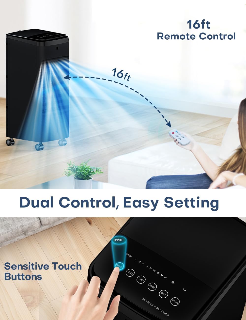 NOMEY Evaporative Air Cooler, 3-IN-1 Air Conditioner Portable for Room w/ 4 Modes & 3 Speed, 12H Timer, 1 Gal Detachable Water Tank, 4 Ice Packs, Remote, 70° Oscillation Air Cooler for Bedroom Indoor