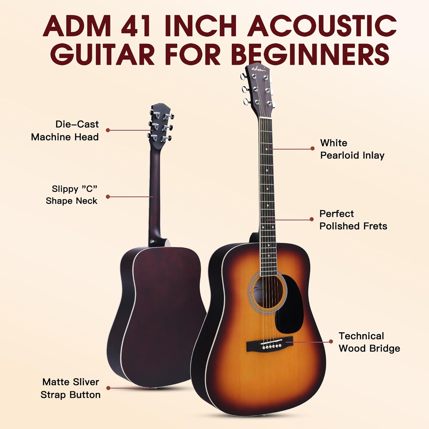 ADM Dreadnought Acoustic Guitar Kit with Free Lesson for Beginner Adult Teen Full Size Acustica Guitarra Starter Bundle Set w/Bag Strap Tuner Capo Pickguard Music Stand Right Hand(Sunburst, 41 Inch)