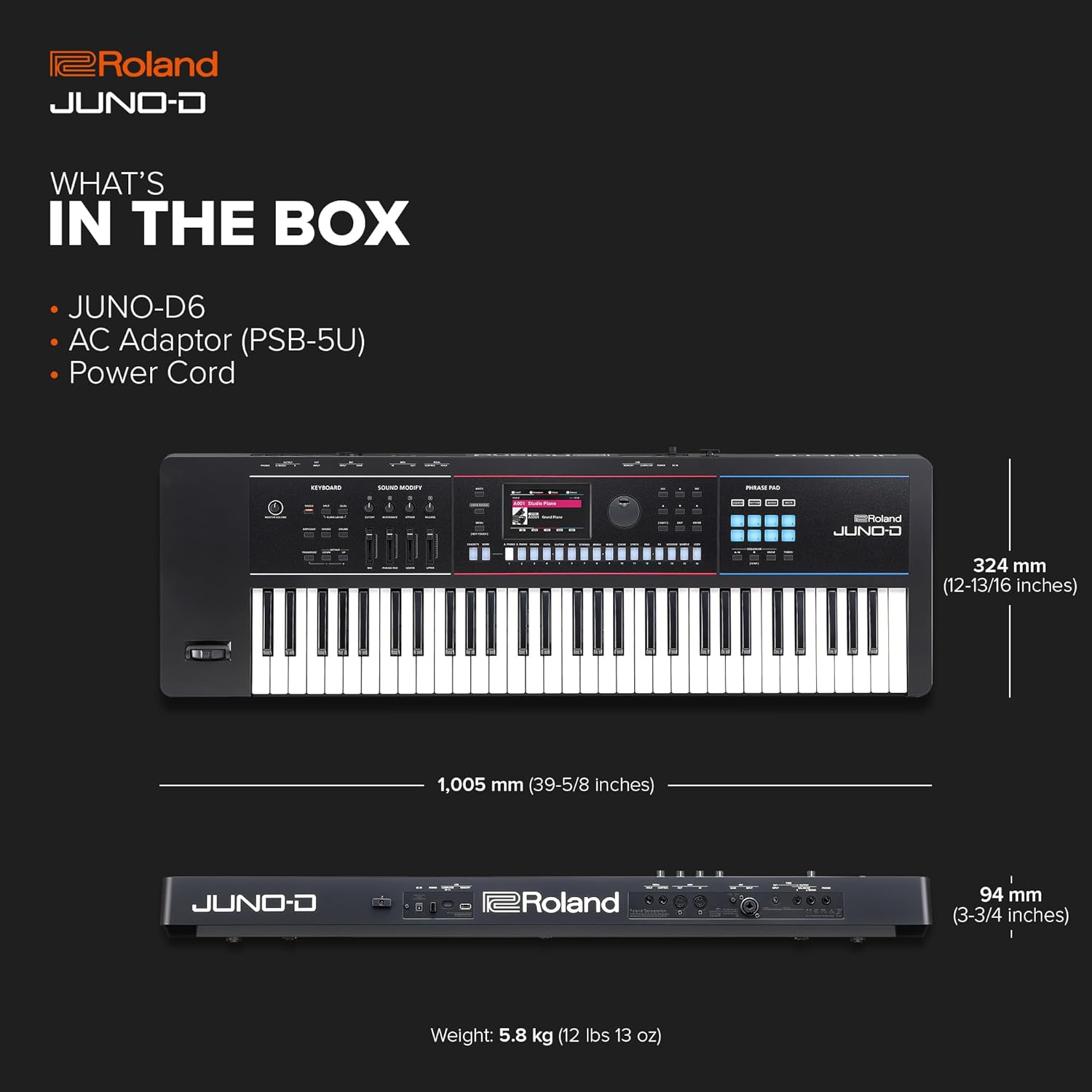 Roland JUNO-D6 Synthesizer | 61-Note Keyboard with Synth Action | ZEN-Core Engine with Over 3800 Onboard Sounds | Intuitive Creative Tools | USB-C Audio/MIDI Interface for Mobile & Computers