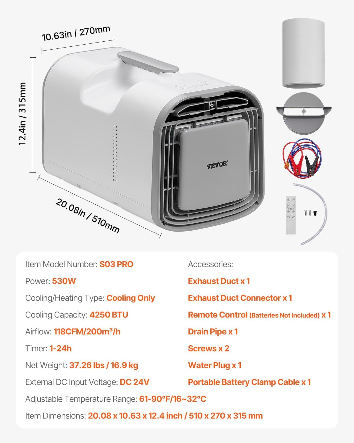 VEVOR Portable Air Conditioner, 4250 BTU 3-Speed Air Conditioning Unit with 24H Timer, Air Portable AC Compatible with AC/DC 24V, for Outdoor Tent Camping, RVs or Home Use, White