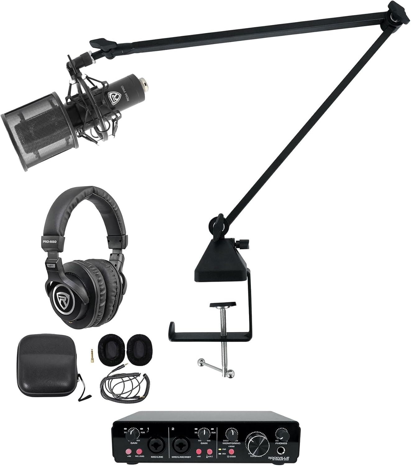 Rockville R-TRACK 2x2 Bundle: USB Computer Recording Interface 24-Bit 192kHz with Dual Mic-Pres, RCM PRO Condenser Microphone, PRO-M50 Studio Headphones, R-BOOM 34 Adjustable Boom Arm Stand, 4-items