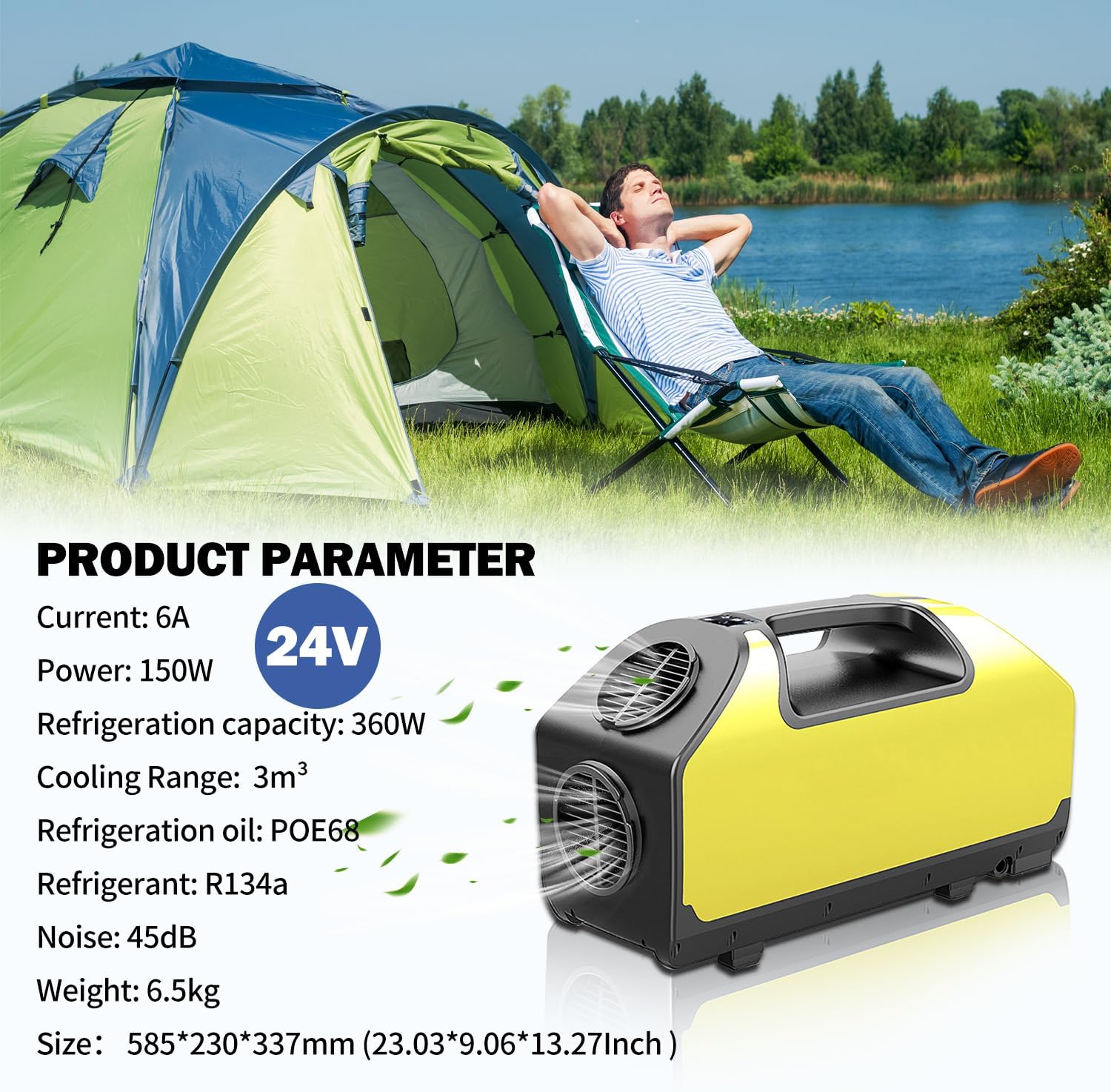 DC 24v Tent Air Conditioner Portable Air conditioner Cooling AC Unit for Outdoor Camping Tent Van RV Camper Motorhome Truck Trailer SUV Car New energy (Yellow)