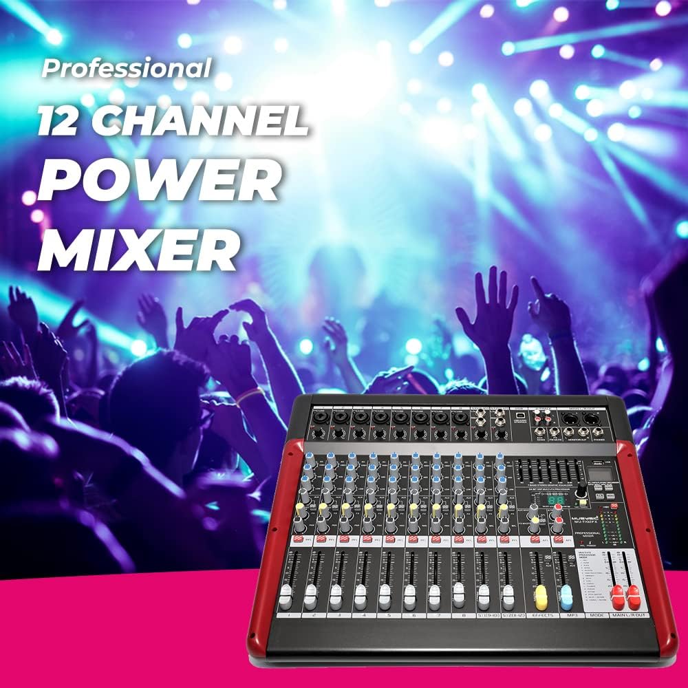 MUSYSIC PA Audio Mixer, Dual Bit FX Processor, 24 Built-in Preamp & Professional Amp, 99 Sound Effects USB/WMA/SD/MP3/Bluetooth Interface - DJ and Studio Gear with 66m Faders - 12 Channels 7 Band GEQ