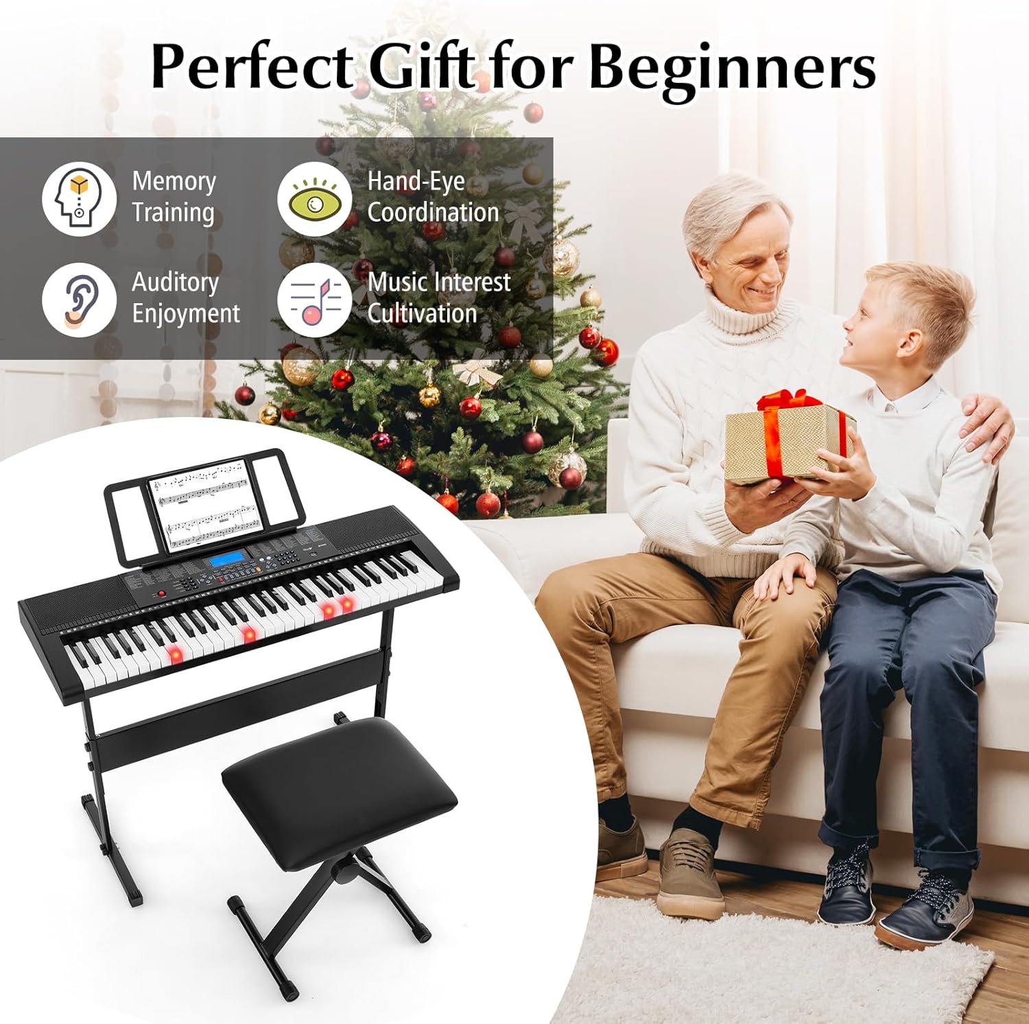 61 Key Digital Piano Keyboard, Electric Piano with Stand, Built-In Speakers, Portable Keyboard for Beginners, Adults