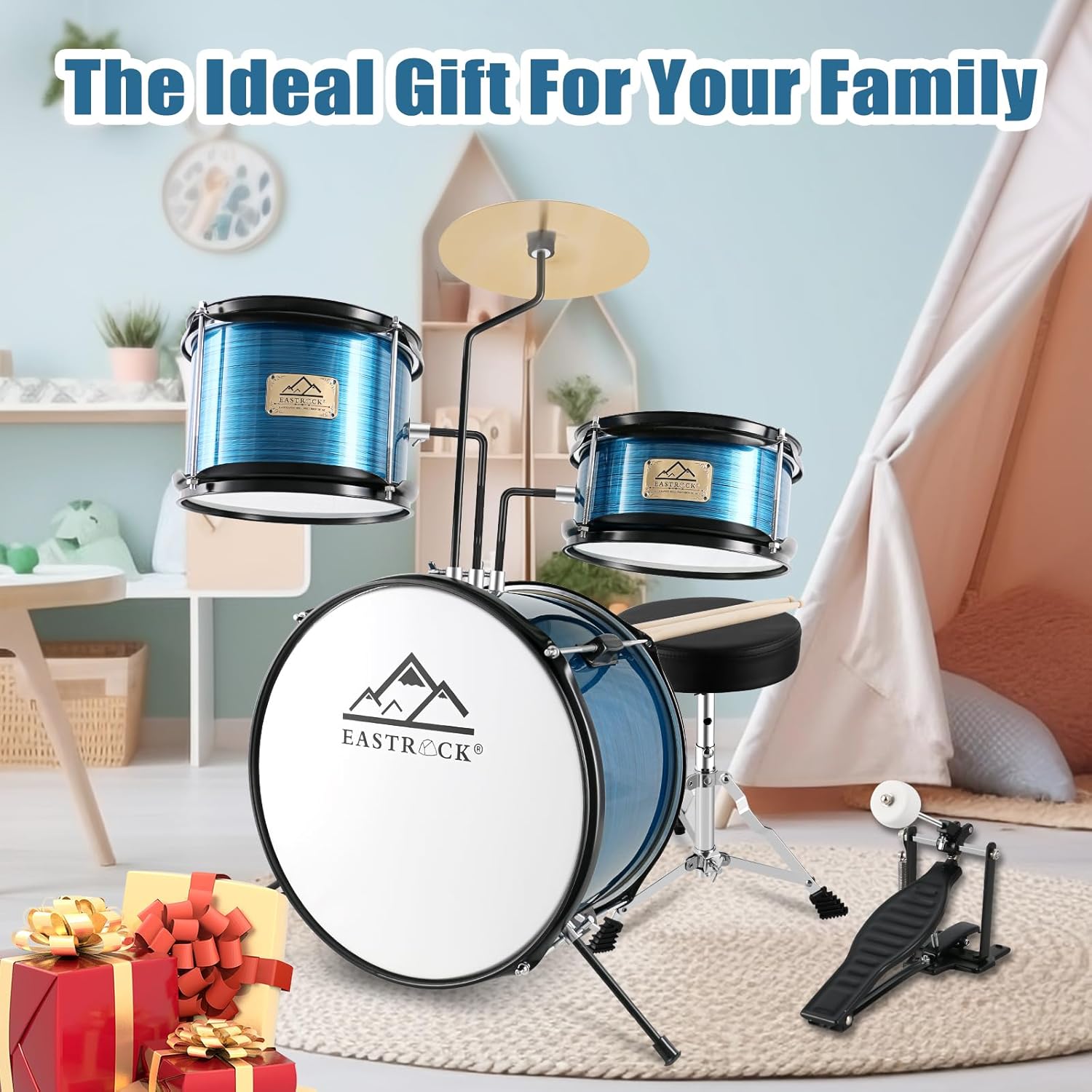 EASTROCK Drum Set, 3 Piece 14'' Drum sets for Drummer,Beginner, Drum Set for 5-7 Years Old with Adjustable Throne,Cymbal,Pedal,Drumsticks(Blue)