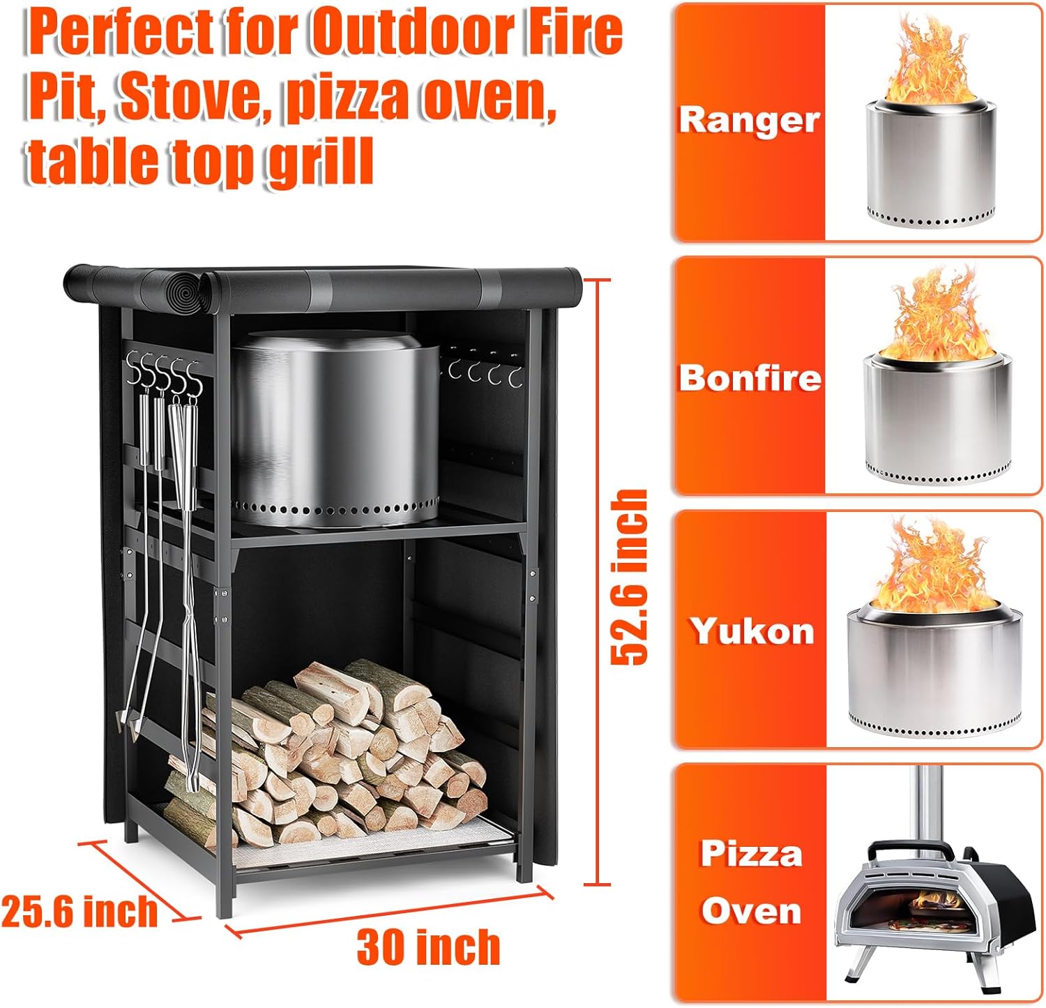 Storage Station 4.5ft for Solo Stove Yukon, Bonfire, Ranger and other Fire Pit Stove, Firewood Storage Cabinet with Waterproof Cover, Adjustable Firewood Rack for logs and Fire Pit Accessories