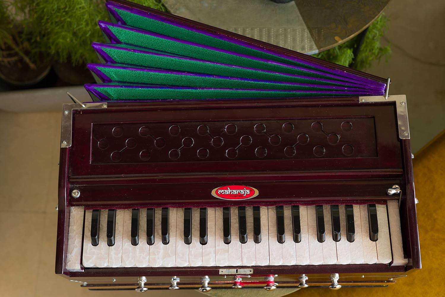 Harmonium #1, Maharaja Musicals, Handmade Harmonium, 3 1/4 Octave (Saptak), 7 Stop, Standing, Coupler, Multi Bellow, Padded Bag, Tuned A440, Dark Mahogany Color, PDI-DB