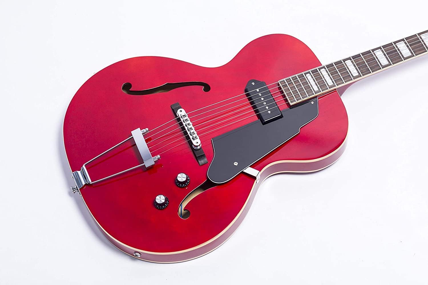Jazz Archtop Electric Guitar Hollow Body with P90 Pickup,Trapeze Tailpiece Bridge Perfect for Rock, Blues, and Jazz Music (Red)
