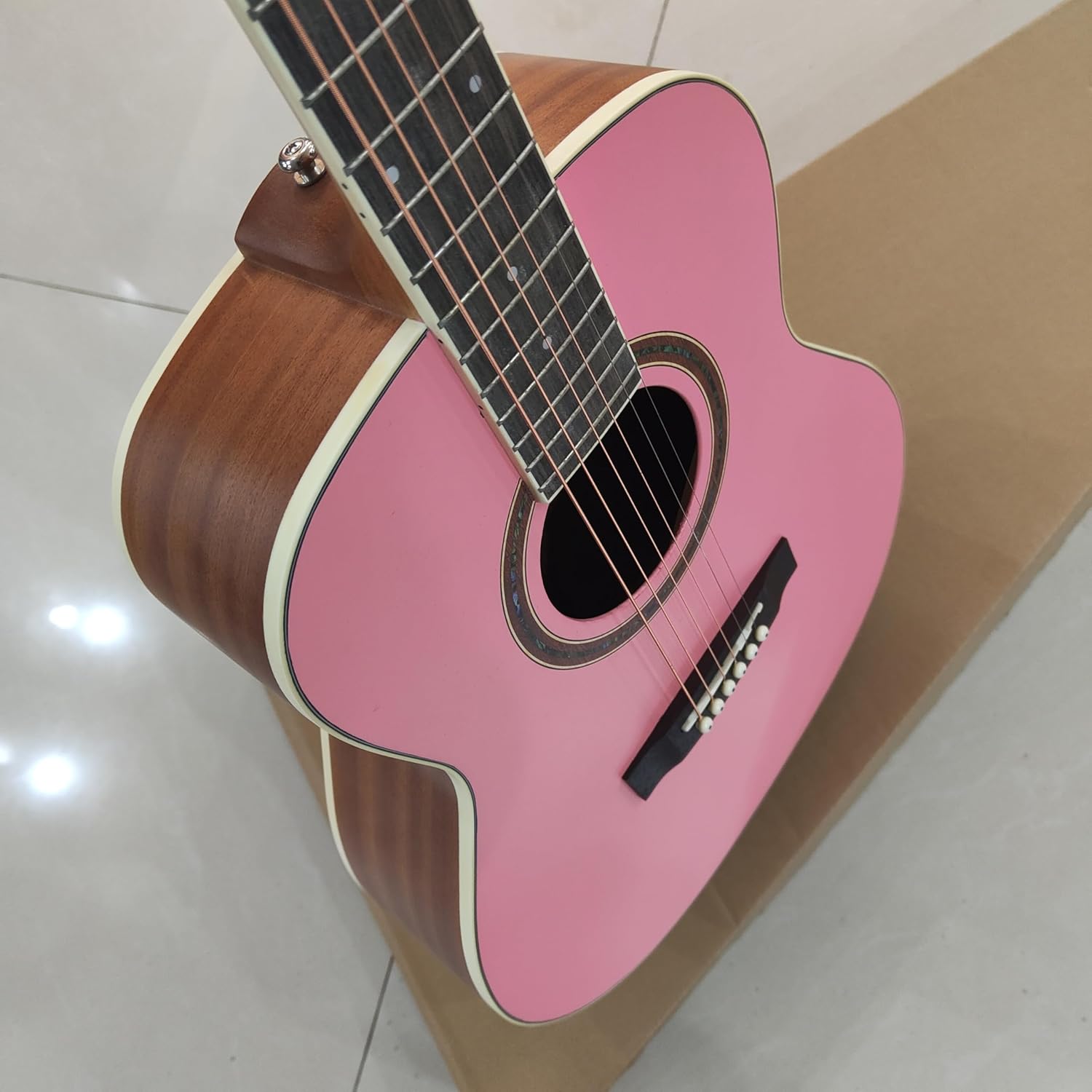 Acoustic Guitar, Pink, 6-String with Decorative Rosette