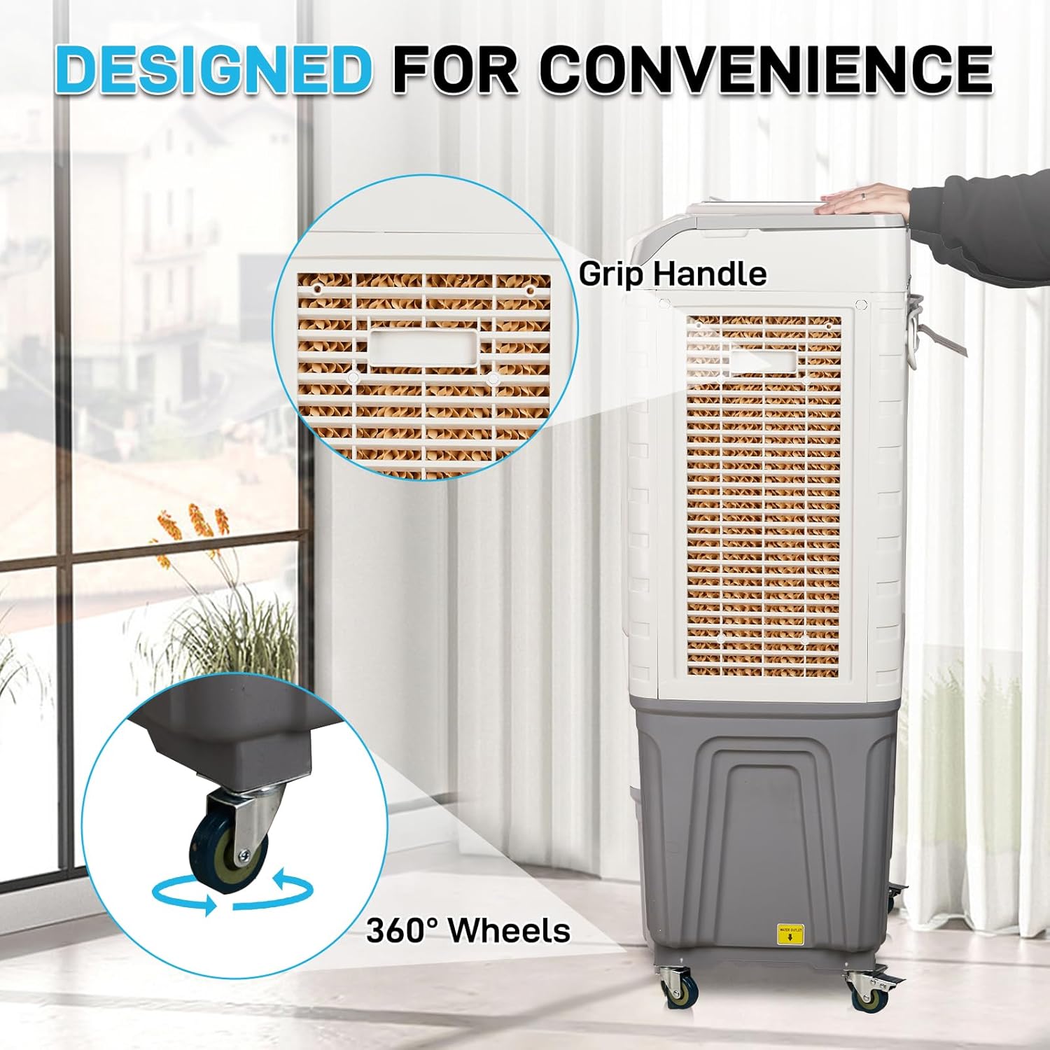 Portable Air Conditioners, 3 in 1 Portable Evaporative Cooler with 15.85 Gal Large Water Tank & Scroll Casters, 4 Ice Packs, Cooling Fan for Bedroom, Living Room, Office