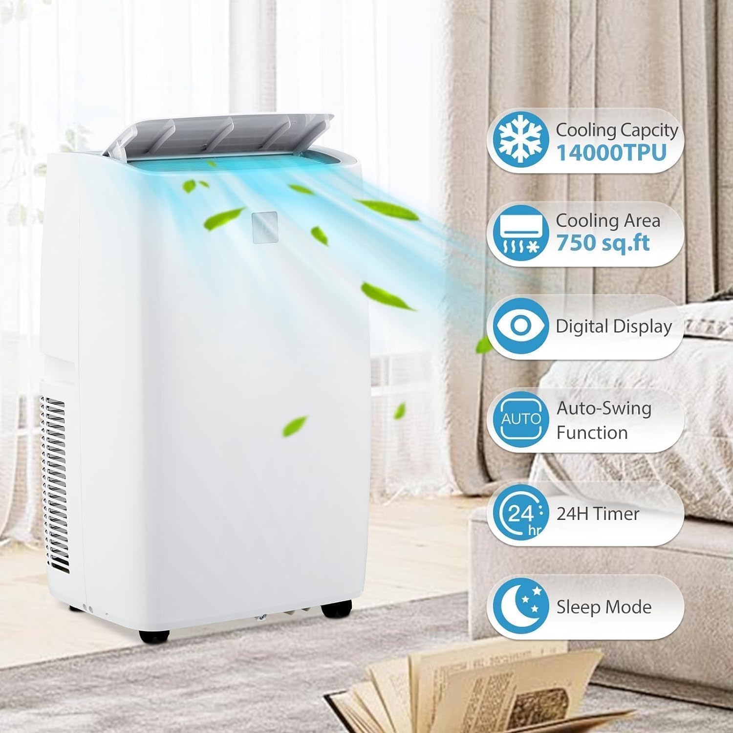 Portable Air Conditioners 14000 BTU, Energy Efficient AC with Remote Control & 24H Timer, Ultra Quiet Cooling Unit for Large Rooms Up to 750 Sq. Ft, Office, Bedroom, White