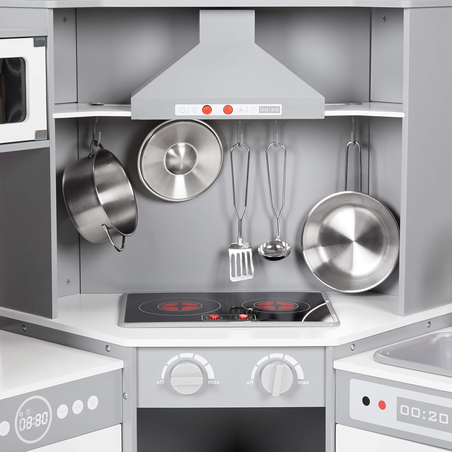 Amazon Basics Kids Corner Wooden Kitchen Toy Playset with Stove, Oven, Sink, Fridge and Accessories, for Toddlers, Preschoolers, Children Age 3+ Years, White & Gray, 39.37