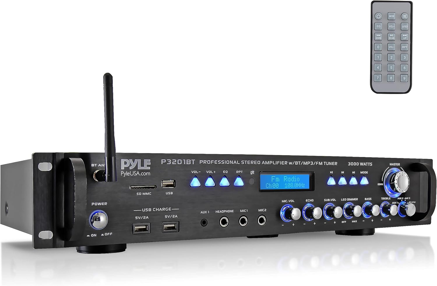 Pyle Multi Channel Bluetooth Preamplifier Receiver - 3000 Watt Audio Home Speaker Sound Stereo w/Radio, USB, Headphone, AUX, RCA, Dual Microphone w/Echo, LED, Wireless Streaming - P3201BT
