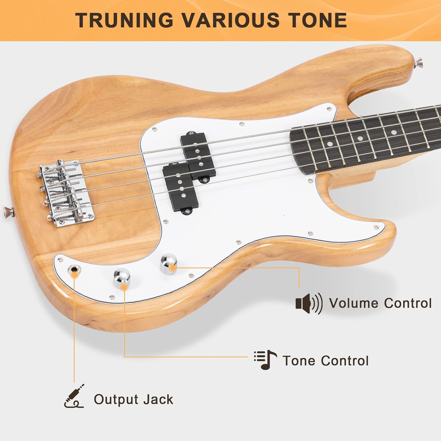 GLARRY Full Size Electric Bass Guitar Beginner Kit 4 String Exquisite Basswood Bass with 20W AMP, Cable, Strap, Bag and Accessories (Natural Wood, 39
