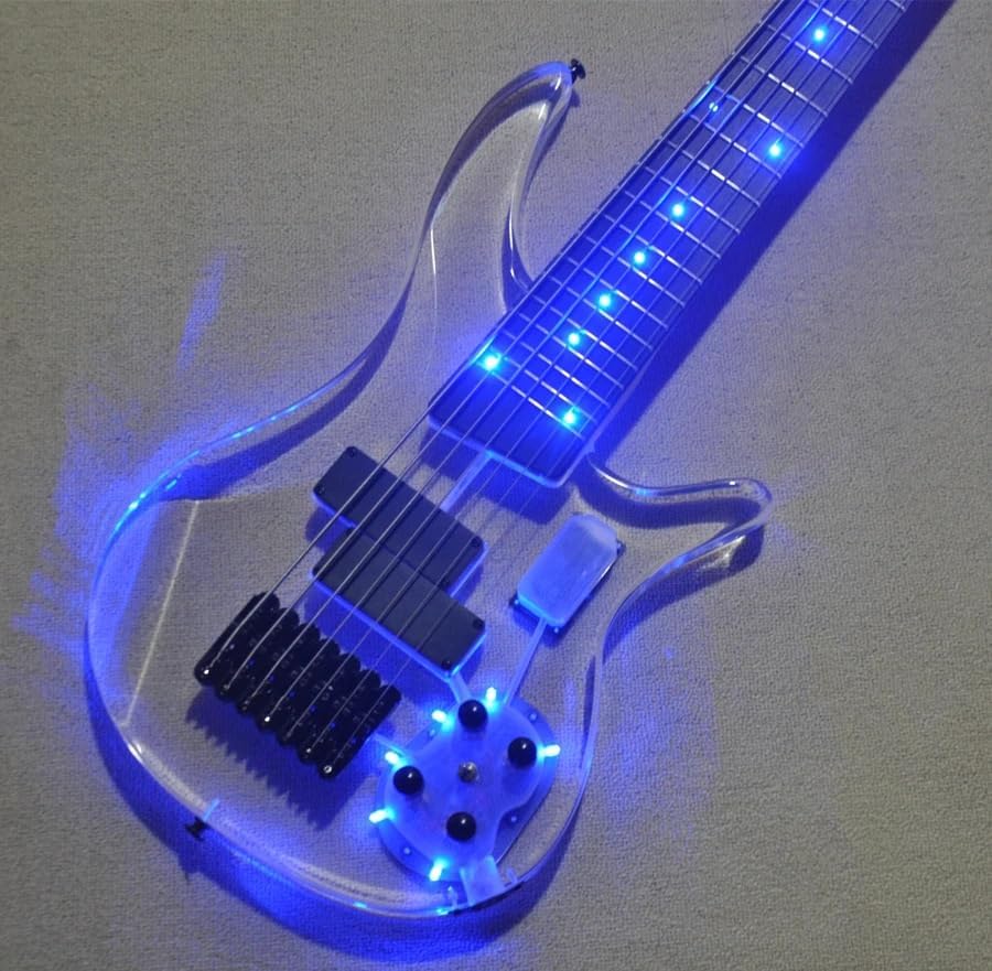 7-String Electric Bass Guitar with Blue LED Acrylic Body, Rosewood Fretboard, and Black Hardware