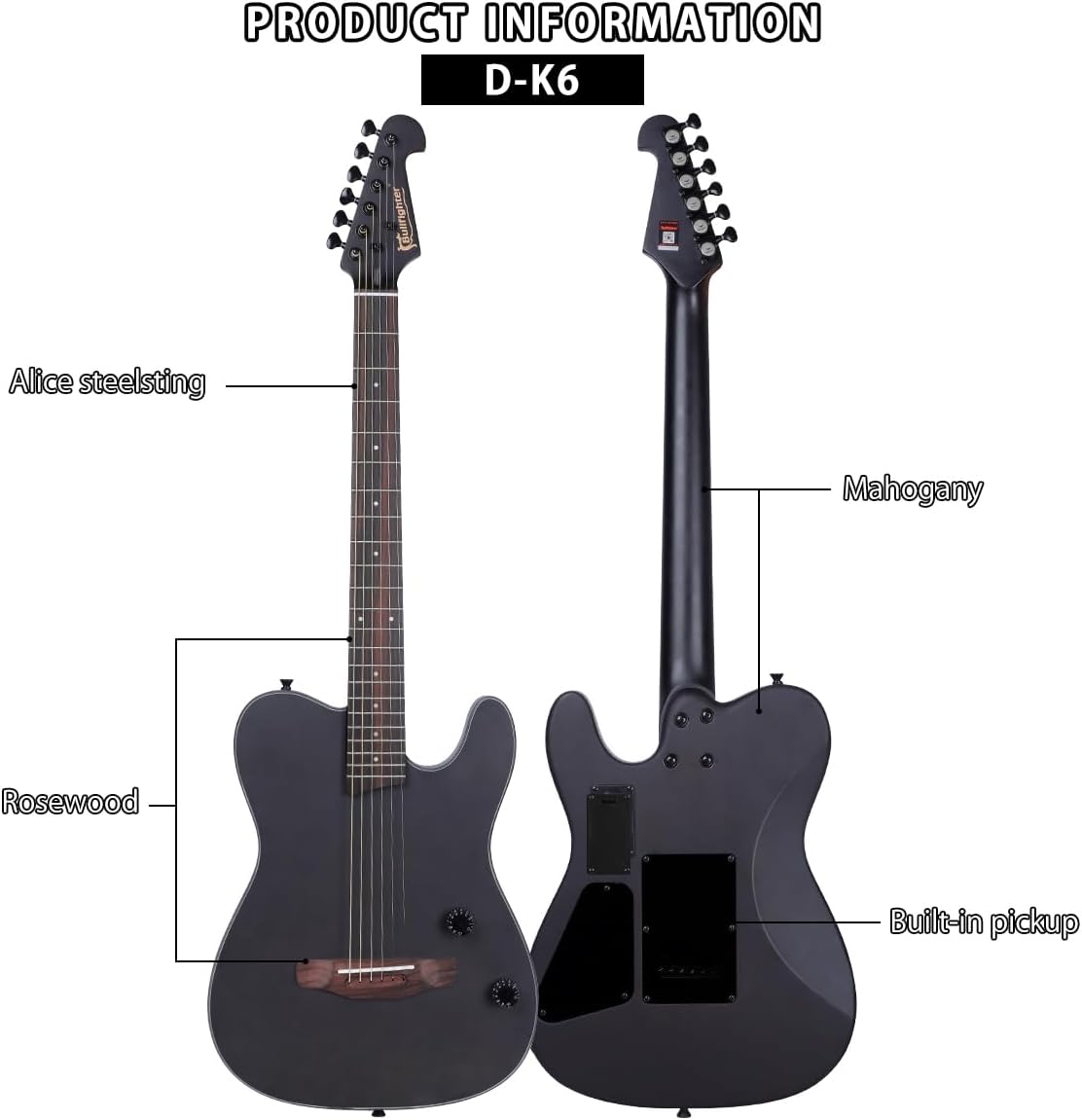 Bullfighter Silent Guitar Steel 6 String Travel Electronic Classical Portable Built in Pickups Steel Guitars Case Bag, Strap, Strings (K6)