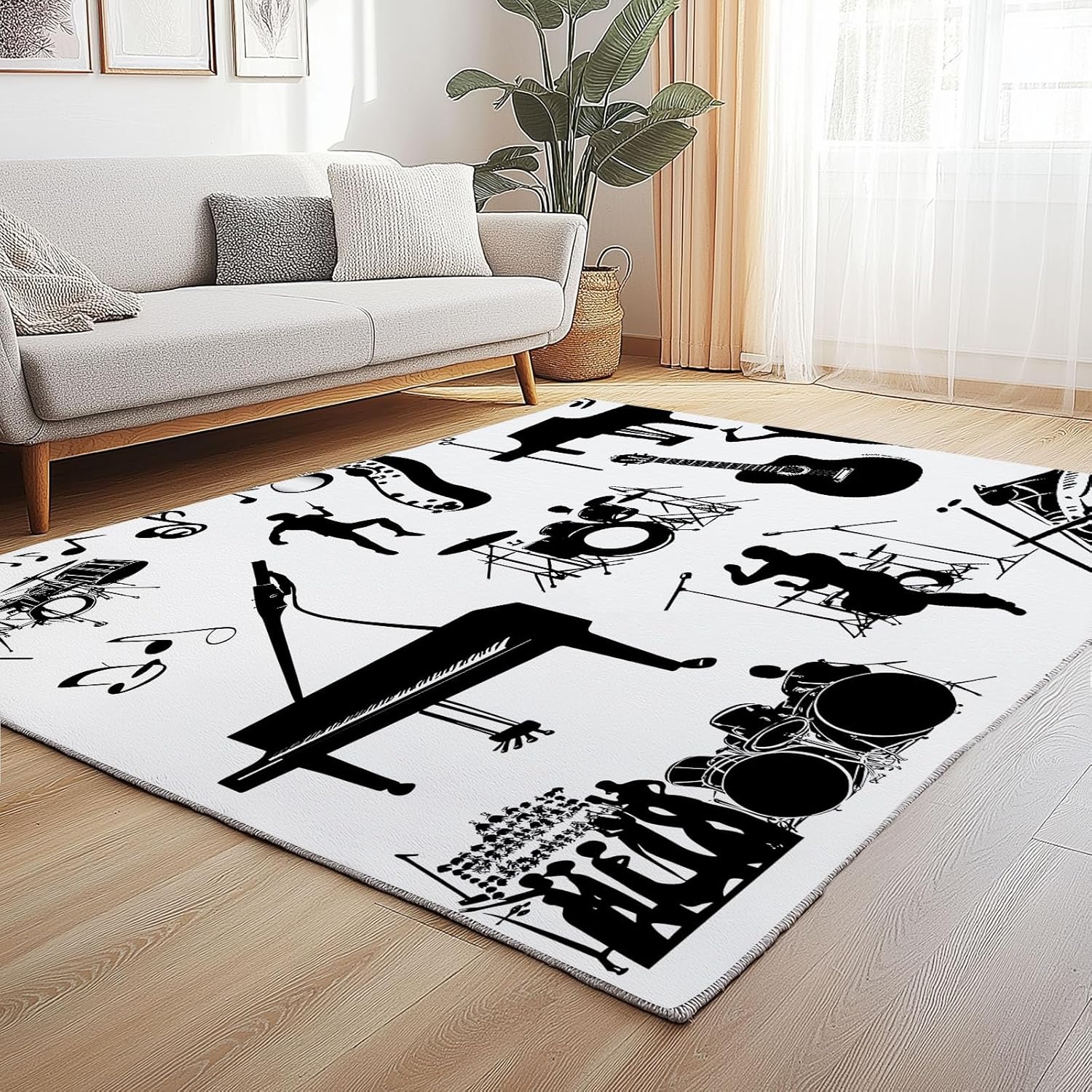 Piano Guitar Drum Set Rug 8x10 for Living Room, Musical Instrument Area Rugs for Bedroom, Black White Music Theme Carpet Low Pile, Room Decor Large Rugs, Soft Non Slip, Machine Washable Rug
