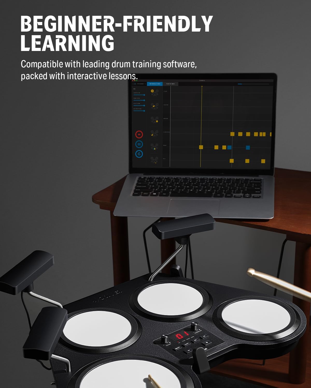 Donner Beat Go Electronic Drum Set, Portable Electric Drum Kit with Training Lessons for Beginners, Compact Table Drum with Drumstick and Backpack, 180 Voices 30 Demo Songs 15 Drum Kits