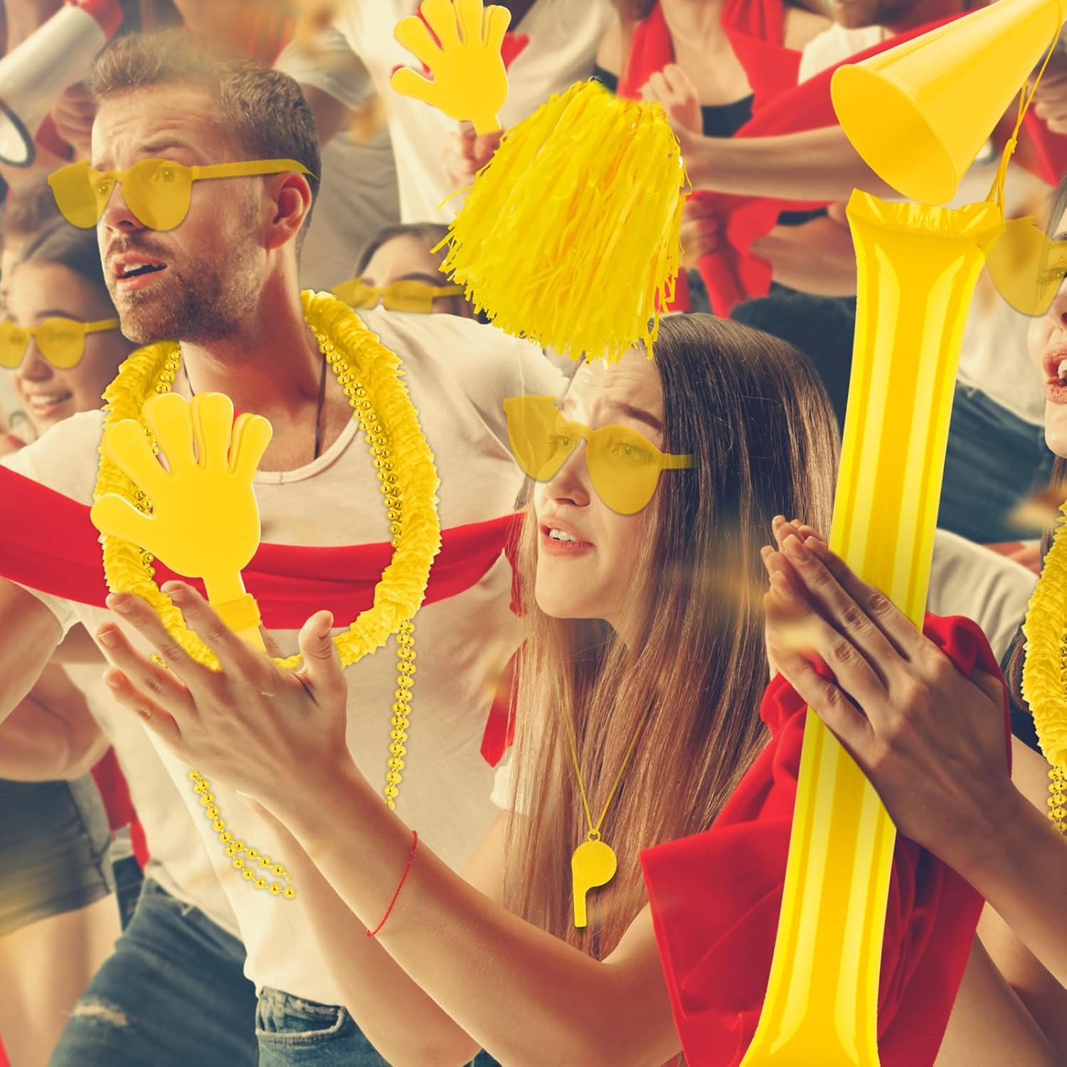 Soulchen Team Spirit Accessories Bulk Team Spirit Day Assortment Thunder Stick Hand Clapper Whistle Megaphone Cheerleading Pom Poms Glasses Necklace Sticker for Sport