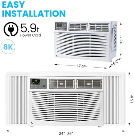 Window Air Conditioner 8000 BTU,WiFi-Enabled Smart AC with Remote, 3 Modes Cool Dry Fan Speed Control, Fast Cooling for 350 Sq.Ft 115V Mini Air Conditioner for Bedroom, Office, Home