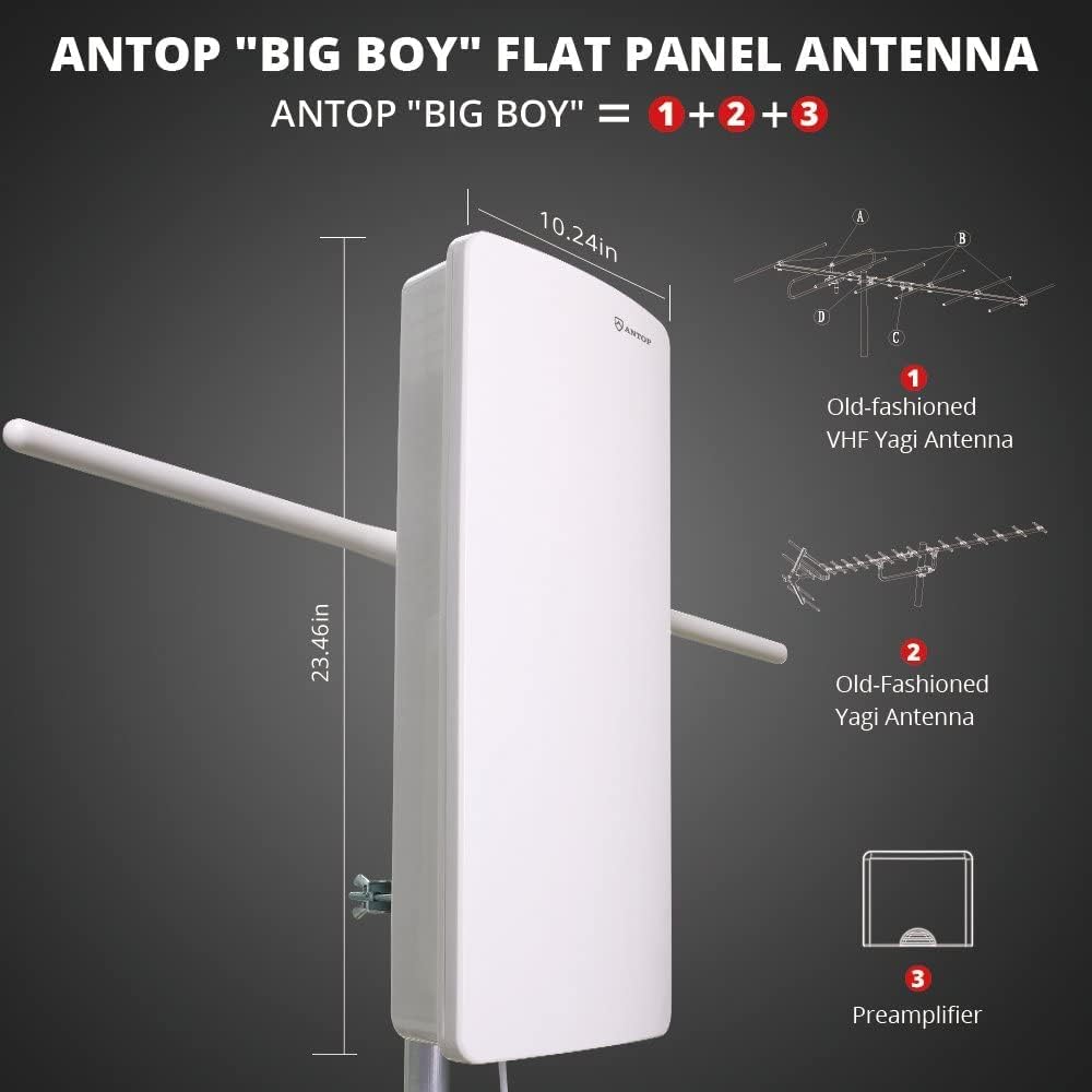 ANTOP Outdoor/Indoor HDTV Antenna, Big Boy Series AT-400BV, Smartpass Amplifier, 85 Miles Range, UHF/VHF Range Enhanced, Support 4K 1080p