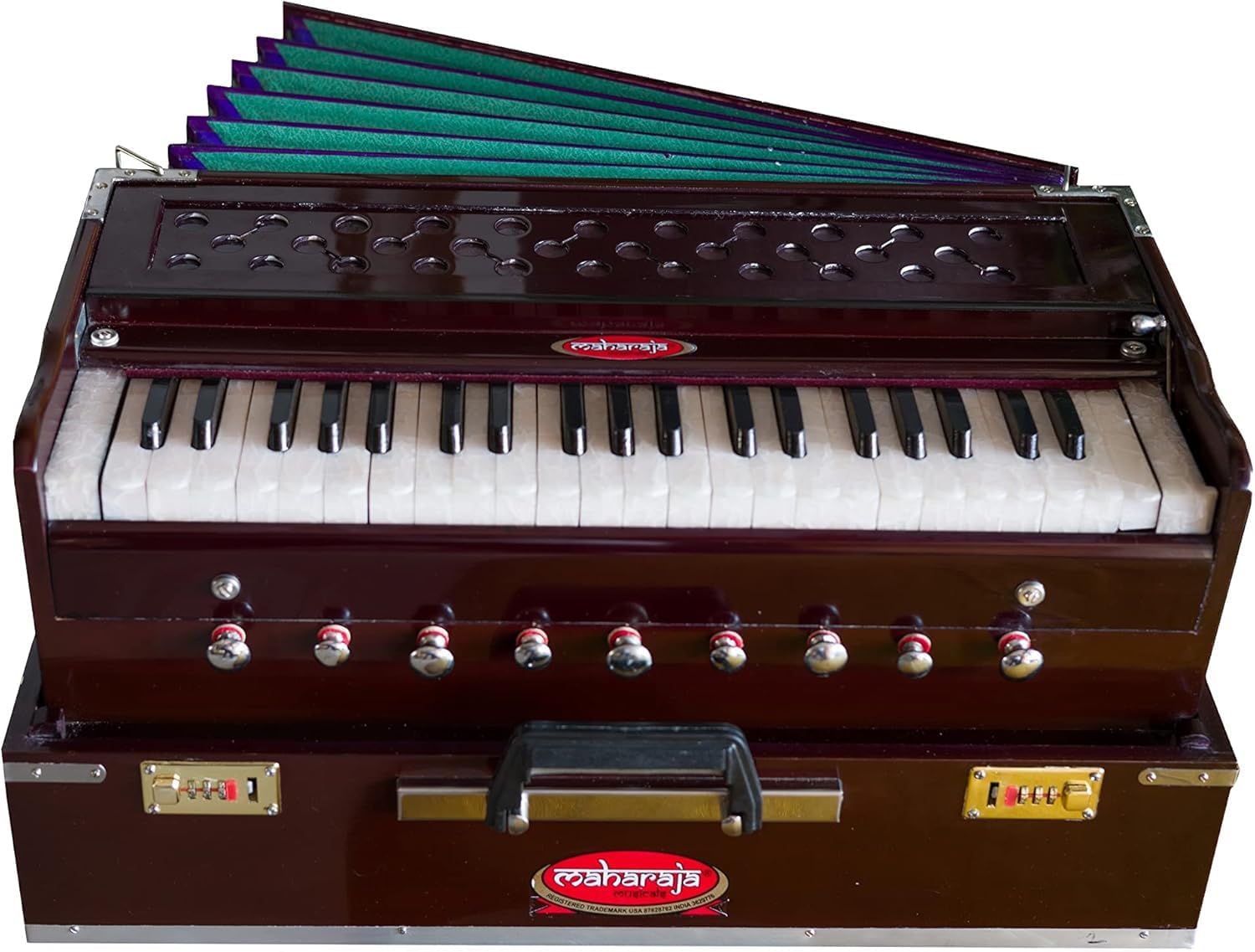 Maharaja Musicals, (Model 2025-26) Folding Harmonium Instrument, In USA, 9 Stops, Rosewood Color, Safri, 3 1/2 Octave, Coupler, Bag, Tuned To A440, Musical Instrument Indian-AHF