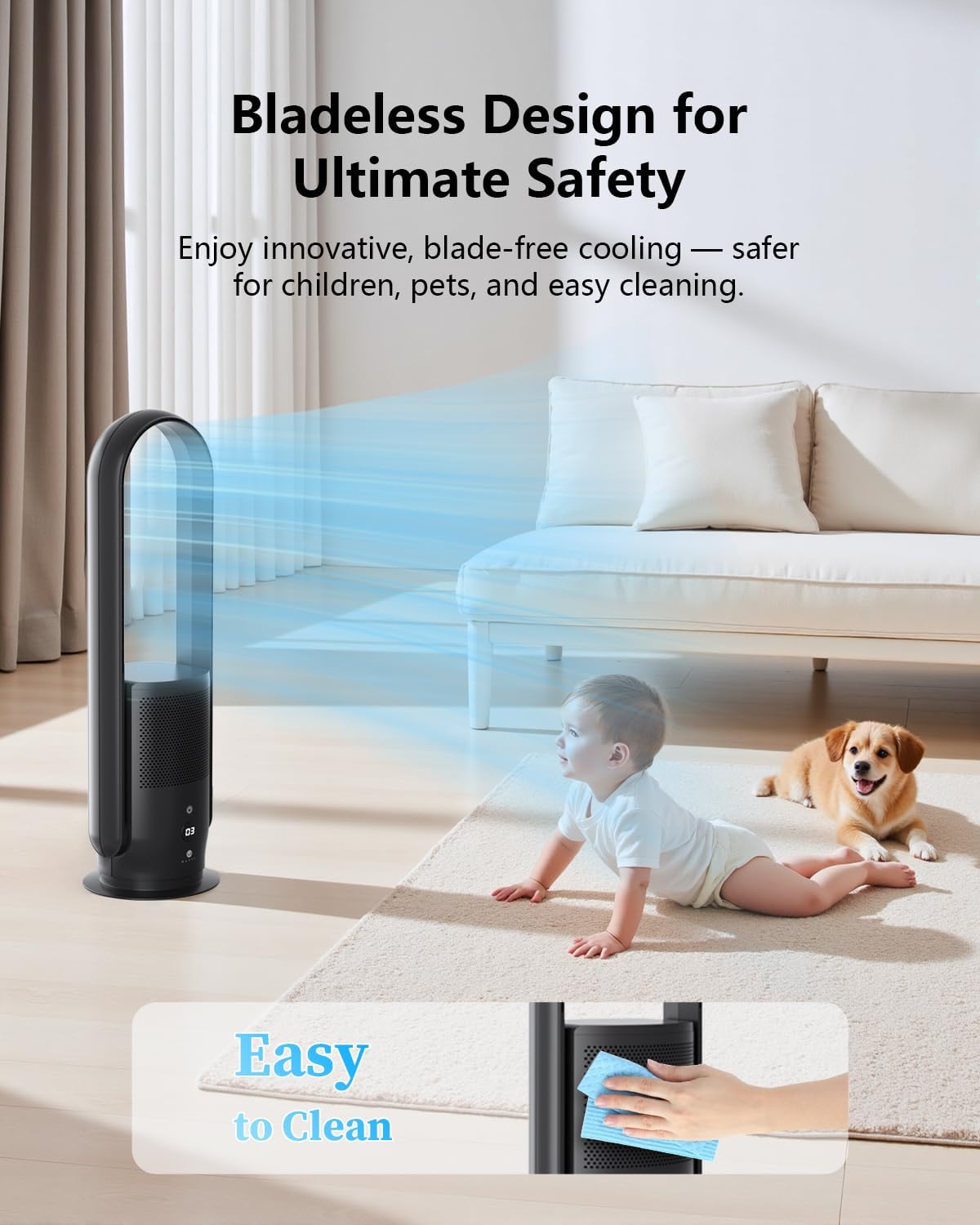 U ULTTY Bladeless Tower Fan and Air Purifier in one, True HEPA Filter 99.97% Smoke Dust Pollen Dander, Oscillating Tower Fan with Remote Control CR022D, Black