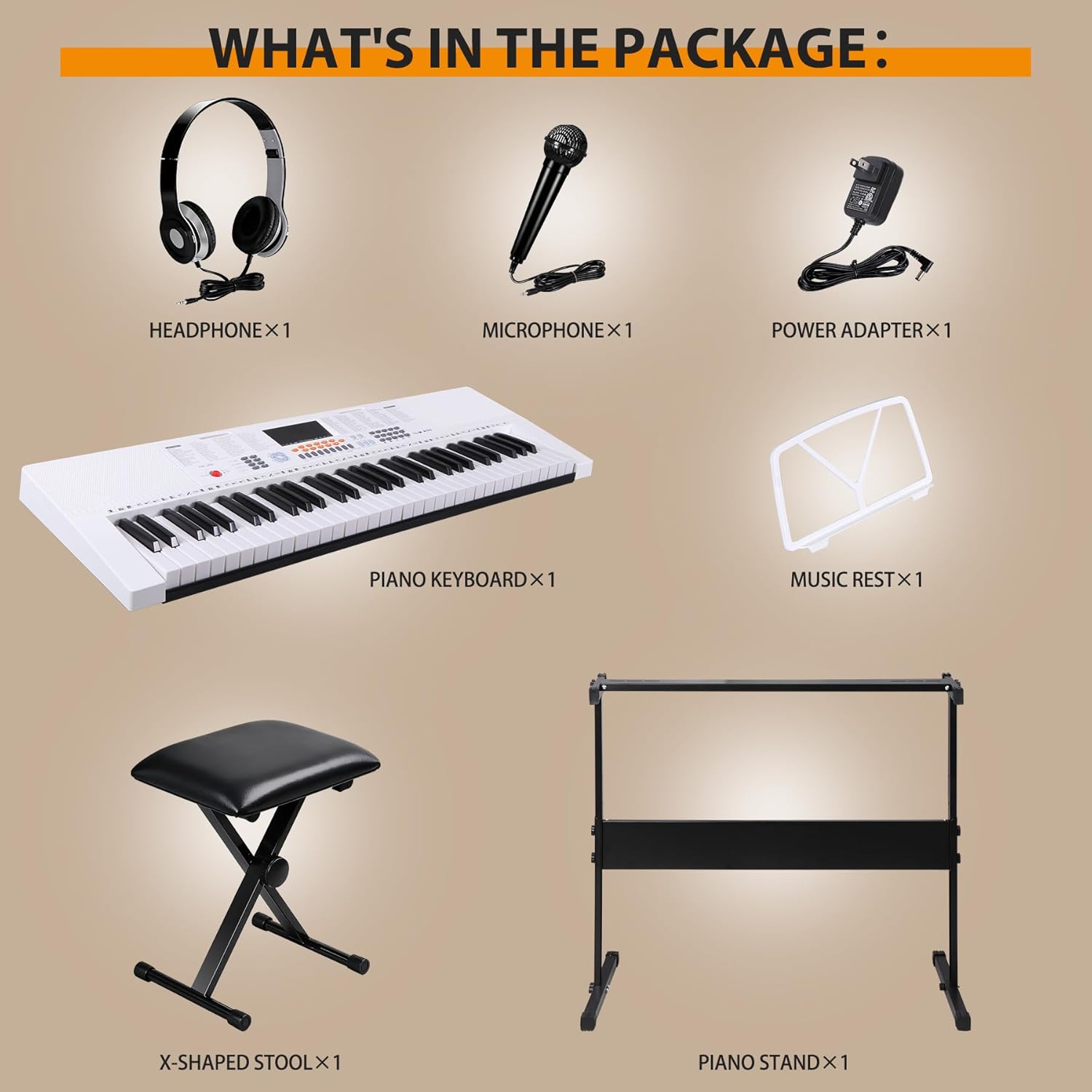 61 Keys Electronic Keyboard Piano Complete LED Display Keyboard Kit with Stand Built-in Speakers Headphones Microphone Music Sheet Stand and Stool, White