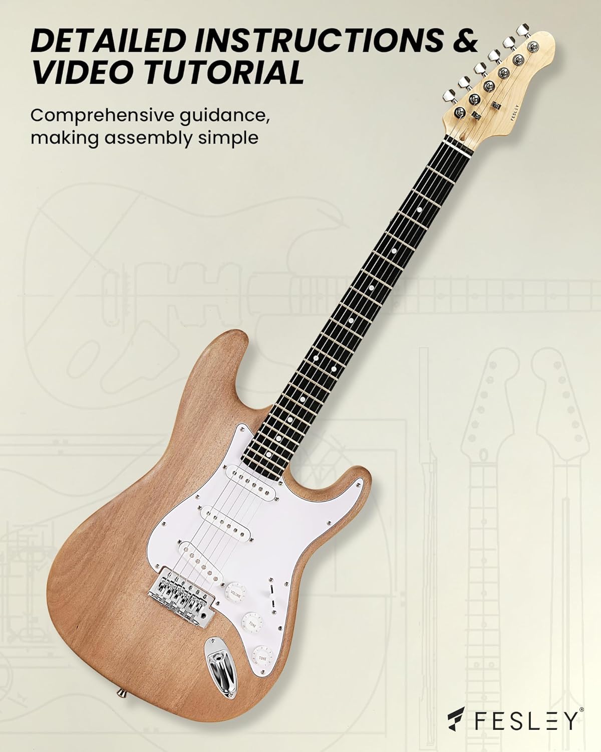 Fesley DIY Electric Guitar Kit with Mahogany Body/Maple Neck,6 Strings Electric Guitars,DIY Guitar Kit with Purpleheart Fretboard,SSS Pickups,ST Style Beginner Guitars, Build Your Own Guitar Kit