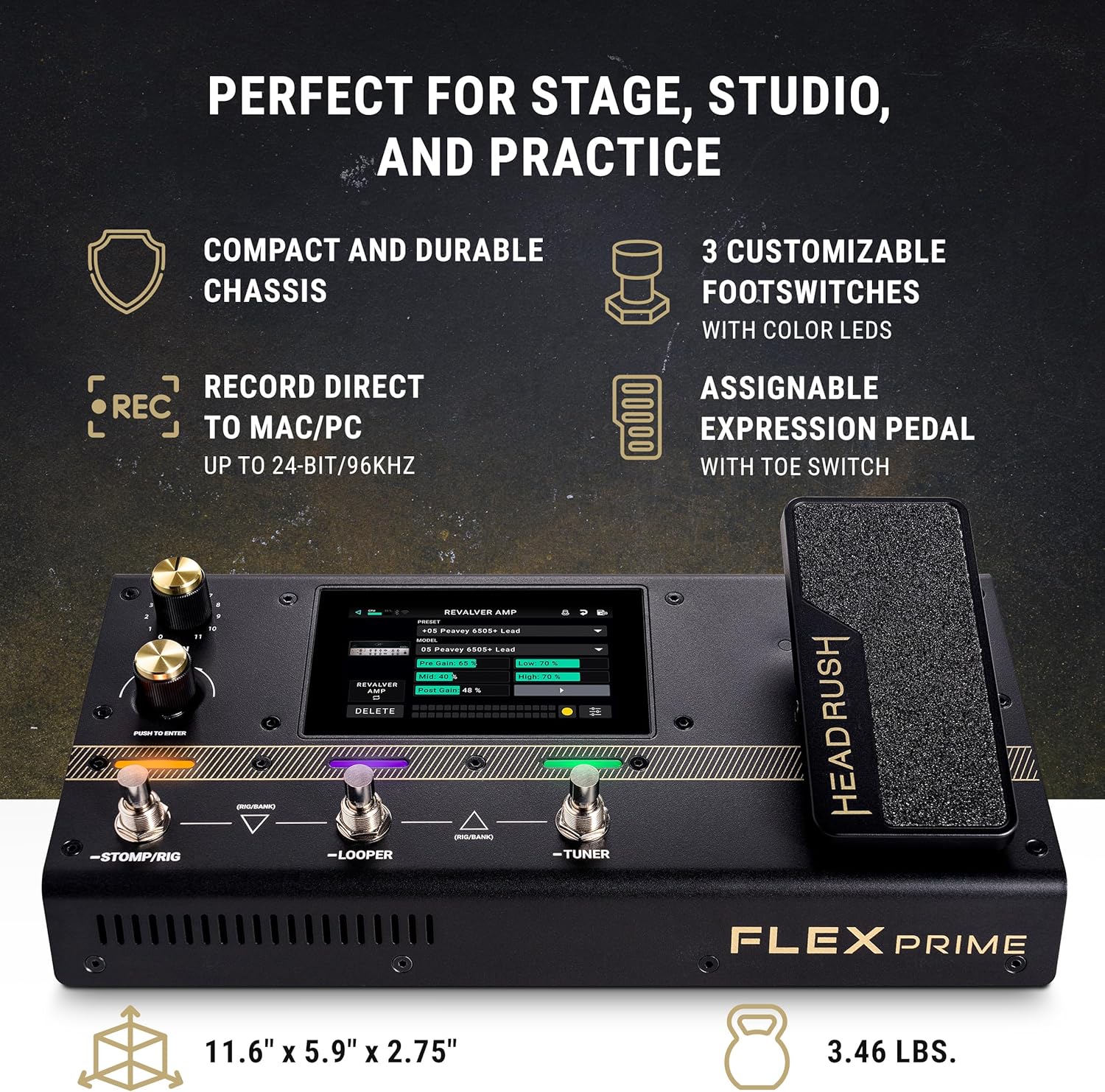 HeadRush Flex Prime - Guitar and Bass Multi Effects Pedal and Amp Modeling Processor with Touchscreen, Looper, Wi-Fi, Bluetooth, IR Loader, USB, Lessons