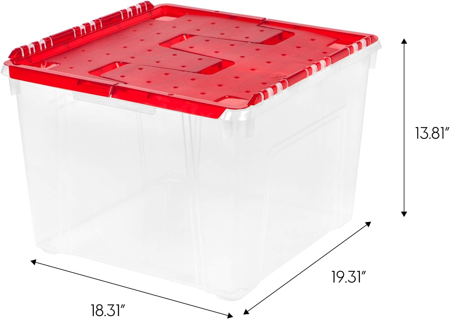 IRIS USA Ornament Storage Box with Attached Lid, Stores 75 Ornaments per Bin, 2-Pack, Stackable Durable Christmas Storage Organization Container Bin for Holiday Decorations and Accessories, Clear/Red