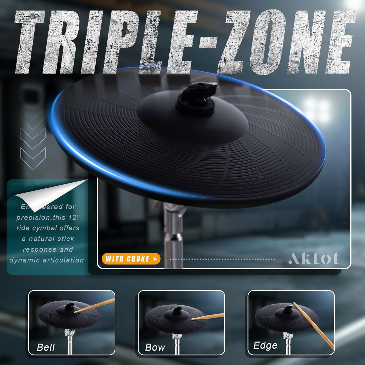 AKLOT Expanded-Size Electric Drum Set: 12'' Two-Piece Standalone Hi-Hat, Independent Kick Drum and 10'' Dual-Zone Snare, 12'' Triple-Zone Ride Cymbal, All Mesh Heads, 460 Sounds, USB MIDI (B-CORE541)