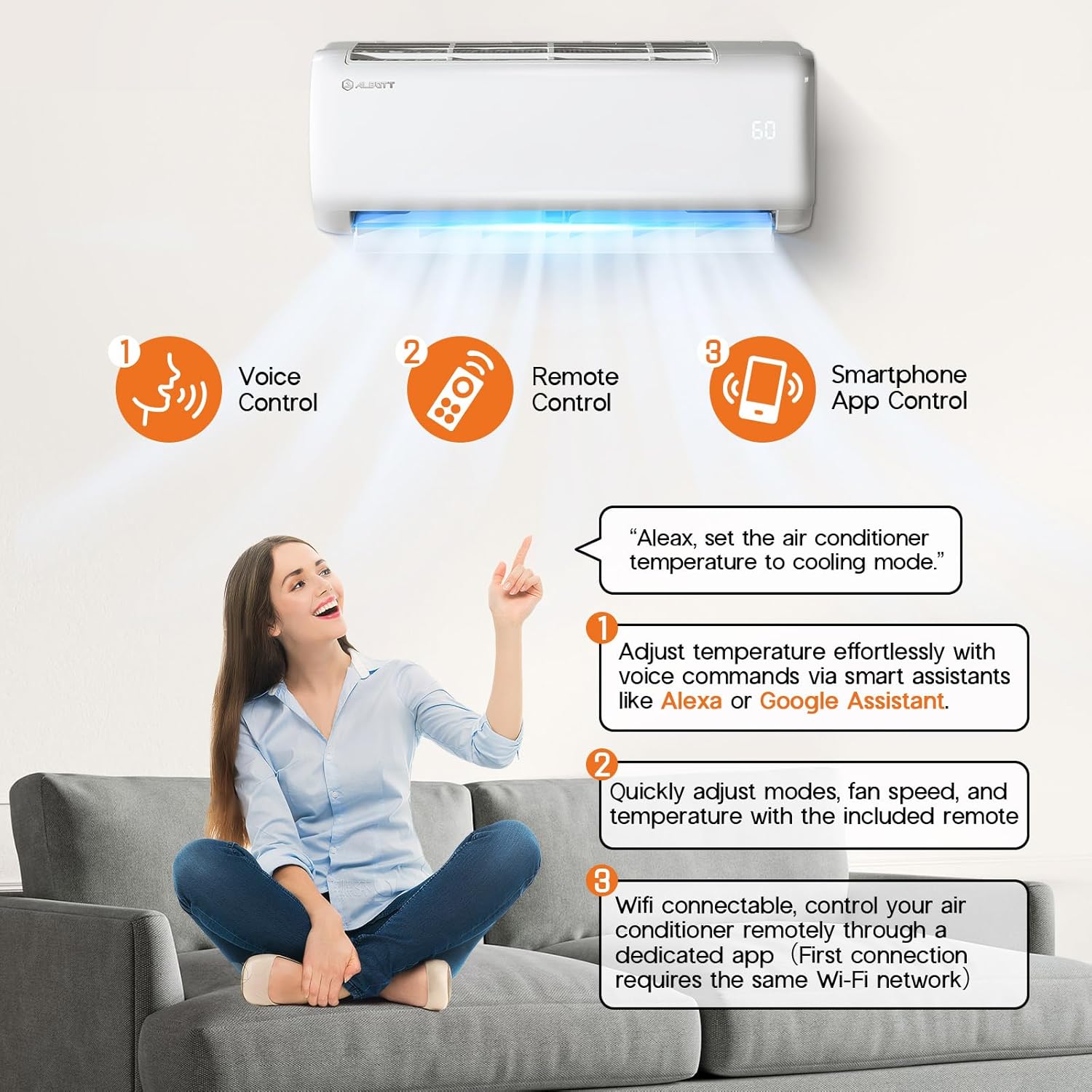Albott 9100 BTU Mini Split Air Conditioner and Heater, SEER2 20.5, 115V, Inverter Heat Pump AC with Wi-Fi Smart Control, Voice Assistant, Self-Cleaning, Compatible with Alexa, Cools up to 450 Sq. Ft.
