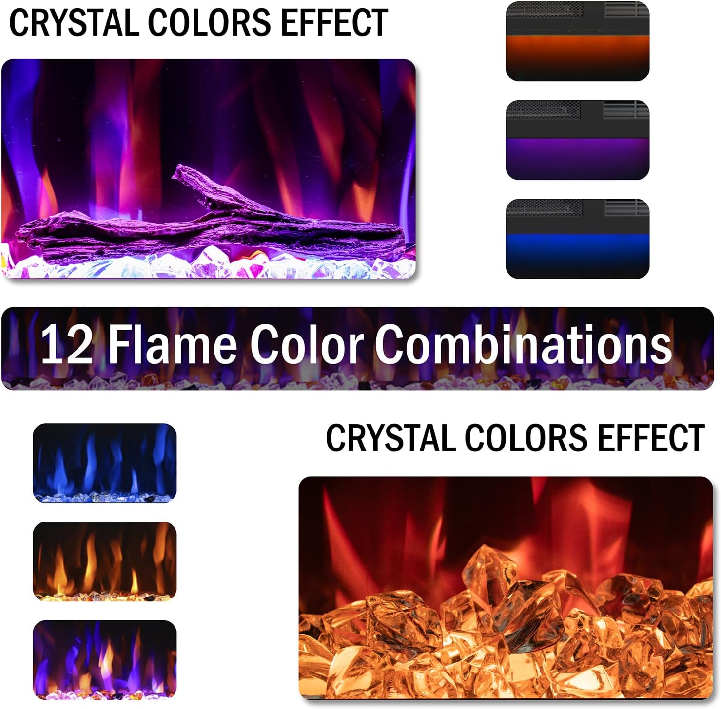 72 inch Electric Fireplace - Ultra Slim Frame - in Wall Recessed & Wall Mounted - Multicolor Flame - Log & Crystal Hearth - 1500/750 Watt Heater - Remote Control & Touch Screen- Timer