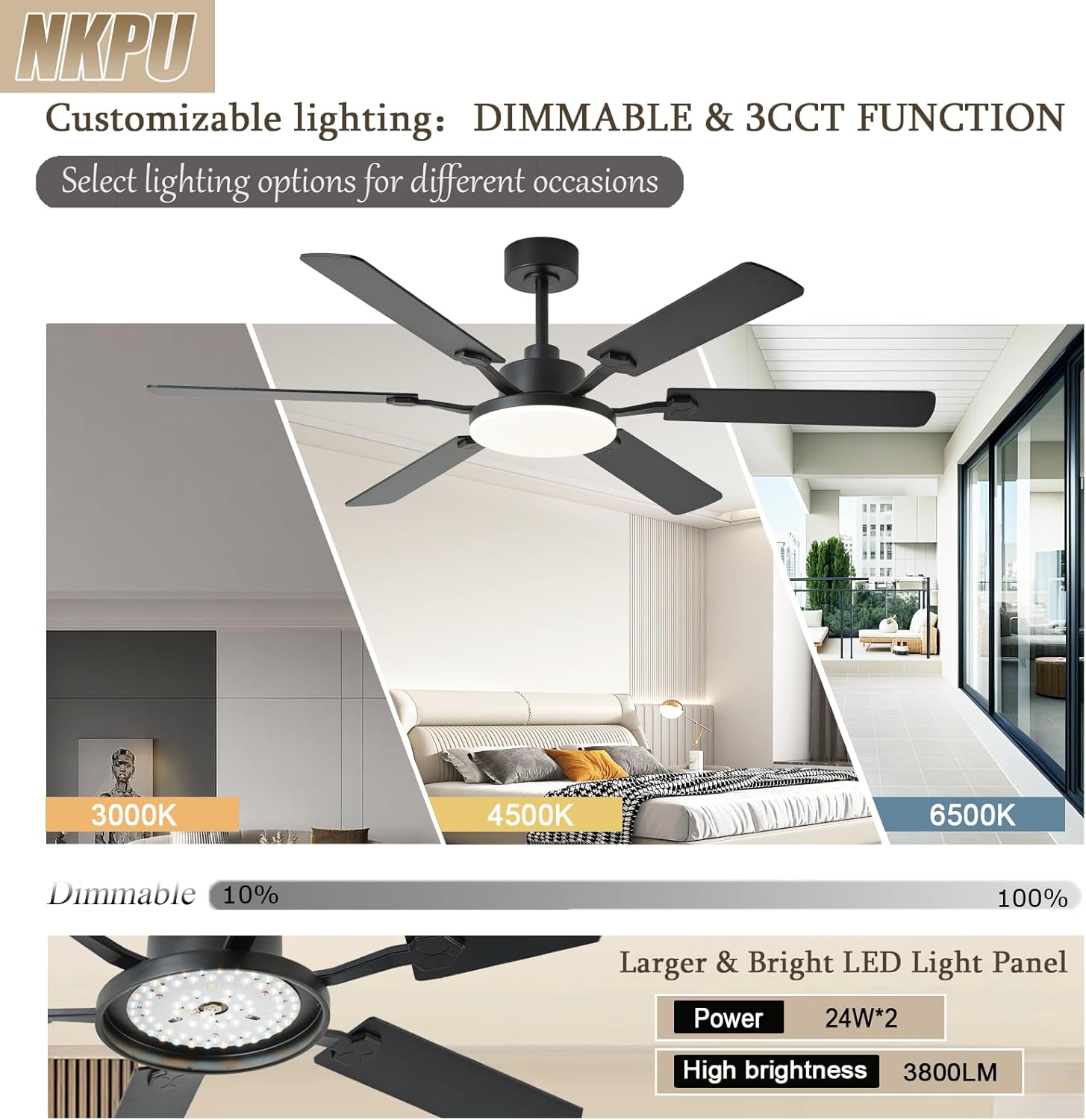 60 Inch Ceiling Fans with Lights, Large Modern Black Ceiling Fan with Light and Remote Control, 6 Double Sided Blades, 6 Speed Reversible Motor, Dimmable LED, Silent Timing, Indoor Outdoor Patio Use