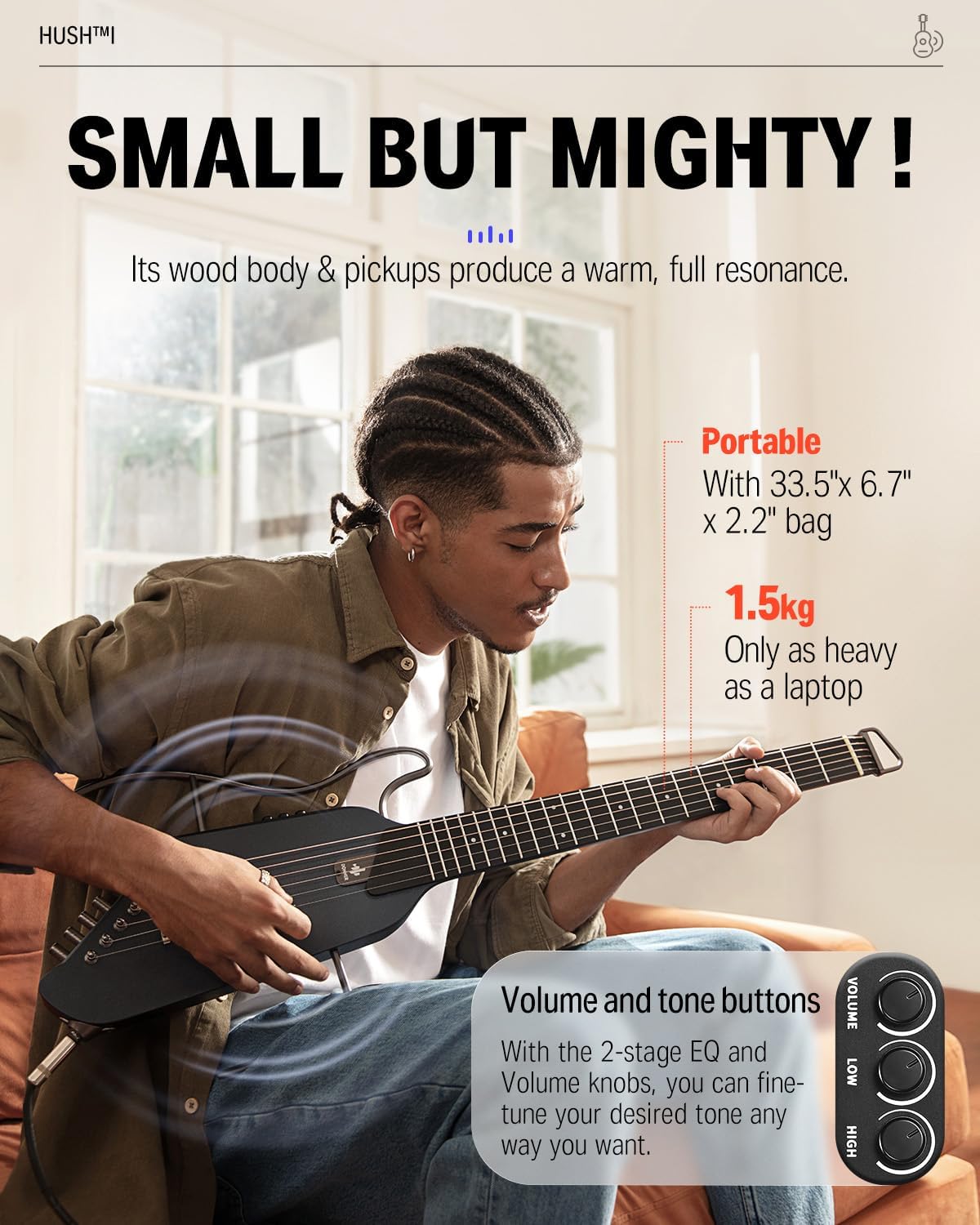 Guitar For Travel - Portable Ultra-Light and Quiet Performance Headless Acoustic-Electric Guitar, Black and Mini Guitar Amp Small Electric Amplifier 5W Portable