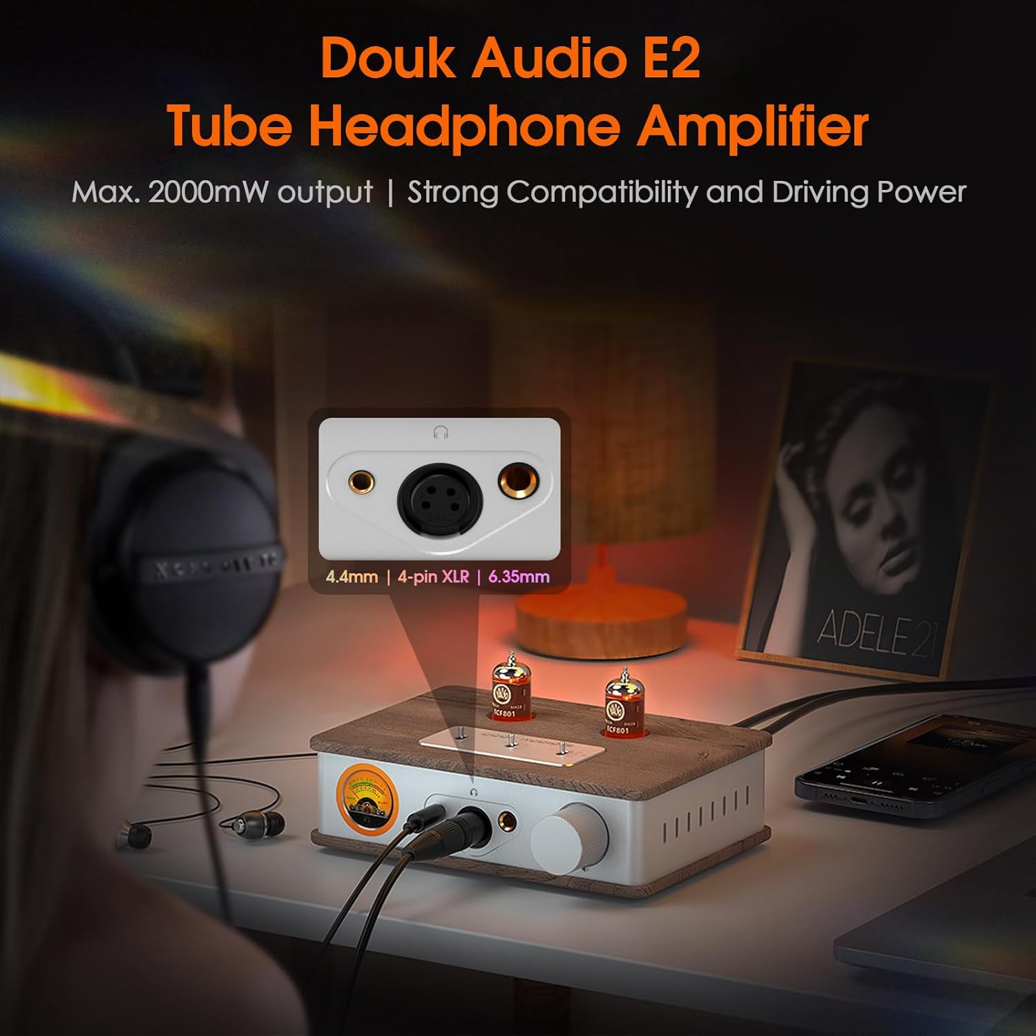 ​Douk Audio Tube Headphone Amp: for XLR, 4.4mm, 6.35mm HiFi Headphones, Stereo Preamplifier for Amplifiers, Speakers, Home Desktop Audio System, with VU Meter & German Valvo Vacuum Tubes​ (E2)