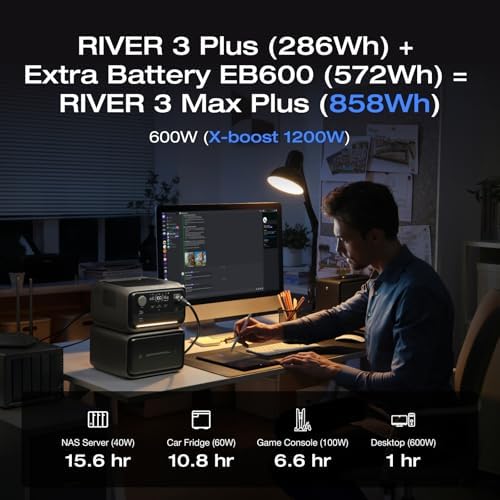 EF ECOFLOW Portable Power Station River 3 Plus with EB600 Extra Battery, Expand Capacity from 286Wh to 858Wh, 3 Up to 1200W AC Outlets, 