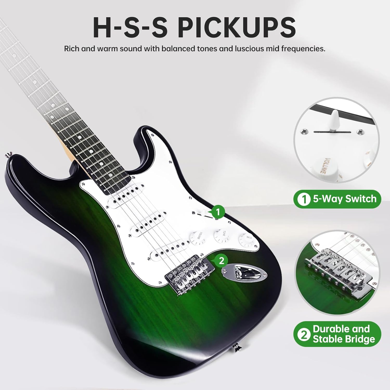 Electric Guitar, 39 Inch Solid Full-size Electric Guitar S-S-S Pickups Starter Kit Includes Amplifier, Bag, Digital Tuner, Strap, String, Cable, Picks，Mini AMP（Green (Green)