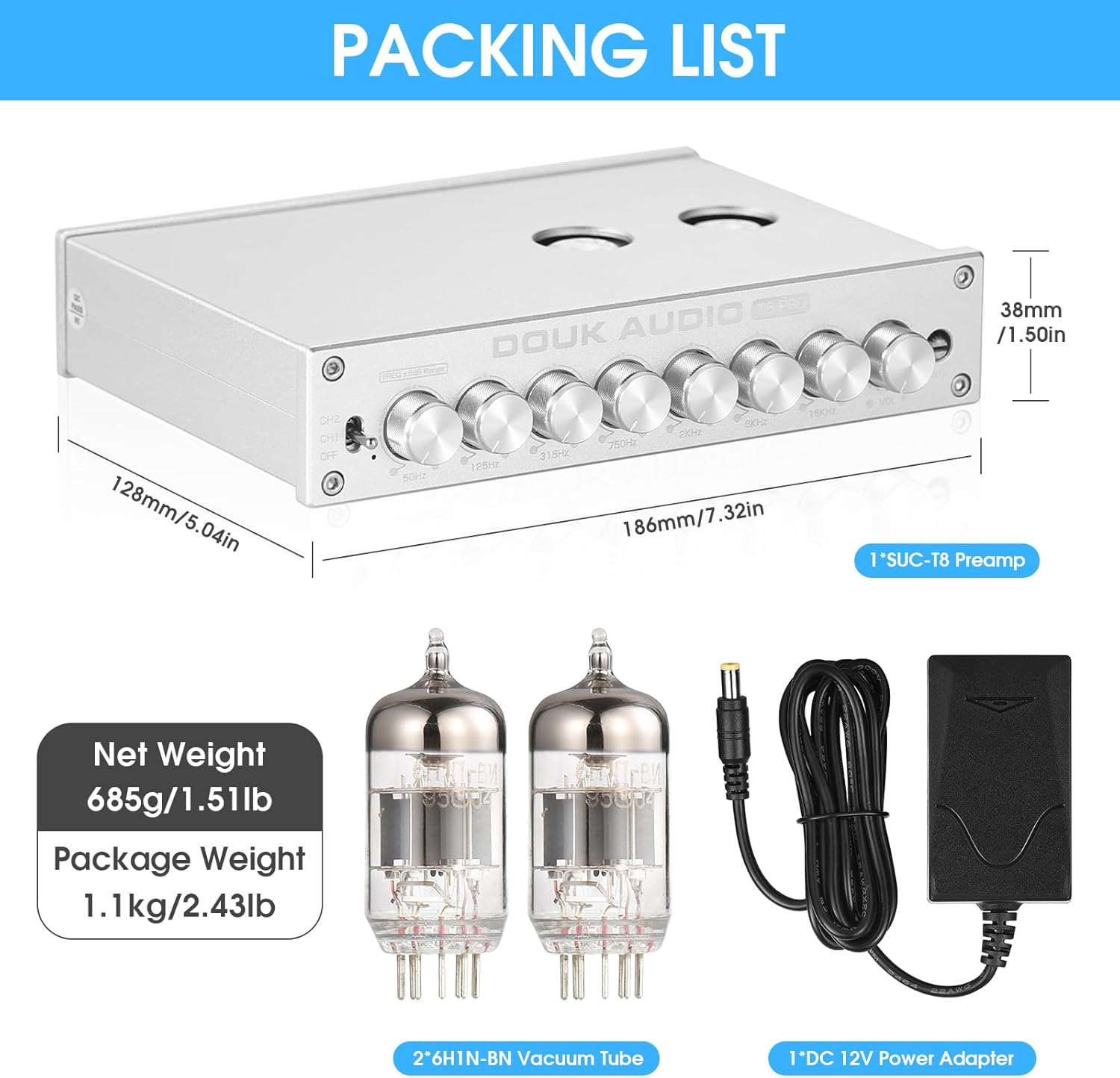 Douk Audio Balanced EQ Preamp: 7-Band Equalizer - Vacuum Tube Preamplifier with XLR RCA Inputs & Outputs - for Home Stereo HiFi System, Amplifiers, Active Speakers (T8 PRO Silver)
