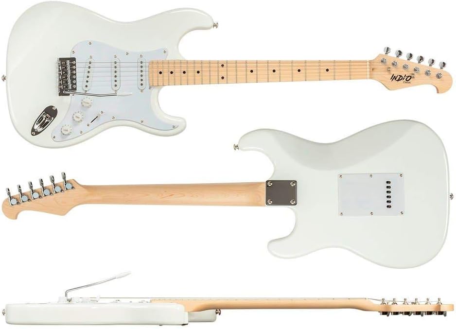 Monoprice Cali Classic Electric Guitar - White, 6 Strings, Double-Cutaway Solid Body, Right Handed, SSS Pickups, Full-Range Tone, With Gig Bag, Perfect for Beginners - Indio Series