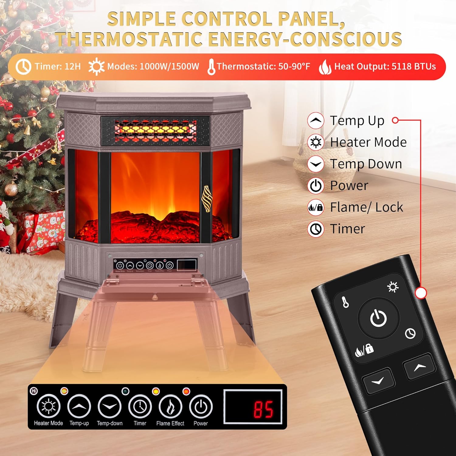 RealSmart Electric Fireplace Heater 22 in Freestanding Fireplace Stove Infrared Fireplace with 3D Flame Effect Remote Control, Timer, Overheating Protection Heater for Indoor Use Brown