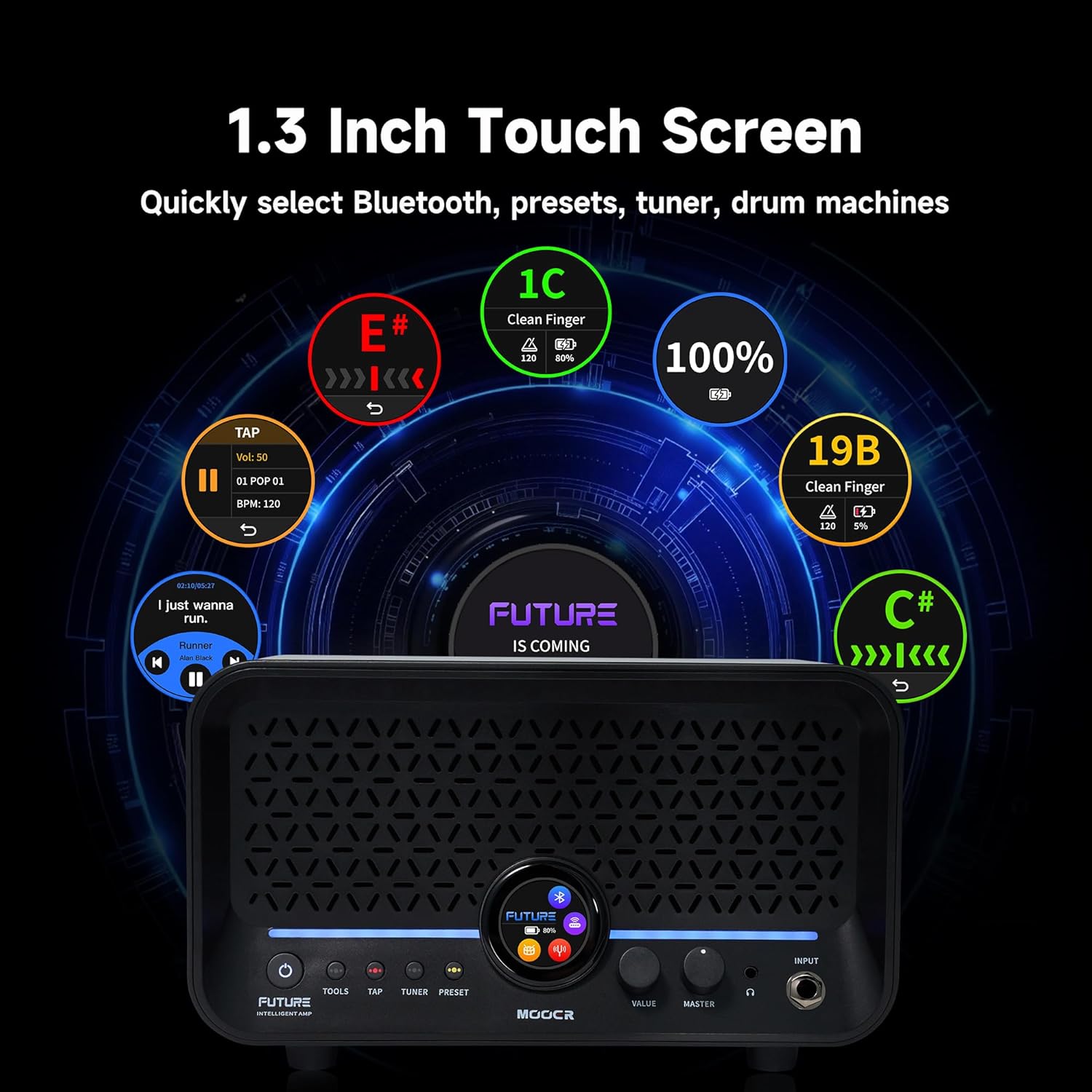 MOOER F15i AI Smart Guitar Amp Touch Screen 15W With Effects Application, 6 Hours Playtime, 55 Amp Models, 66 Effects Types, Loop/Drum Machine/Mod/Reverb/Delay, OTC Record For Electric Guitar And Bass