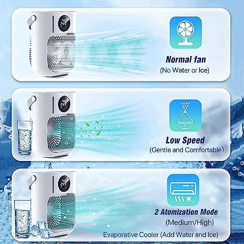 Portable Air Conditioner Fan, Personal Mini Evaporative Air Cooler Desk Cooling Fan Small AC Humidifier LED Display USB with 1000ML Large Capacity,for Bedroom Home Camping Office