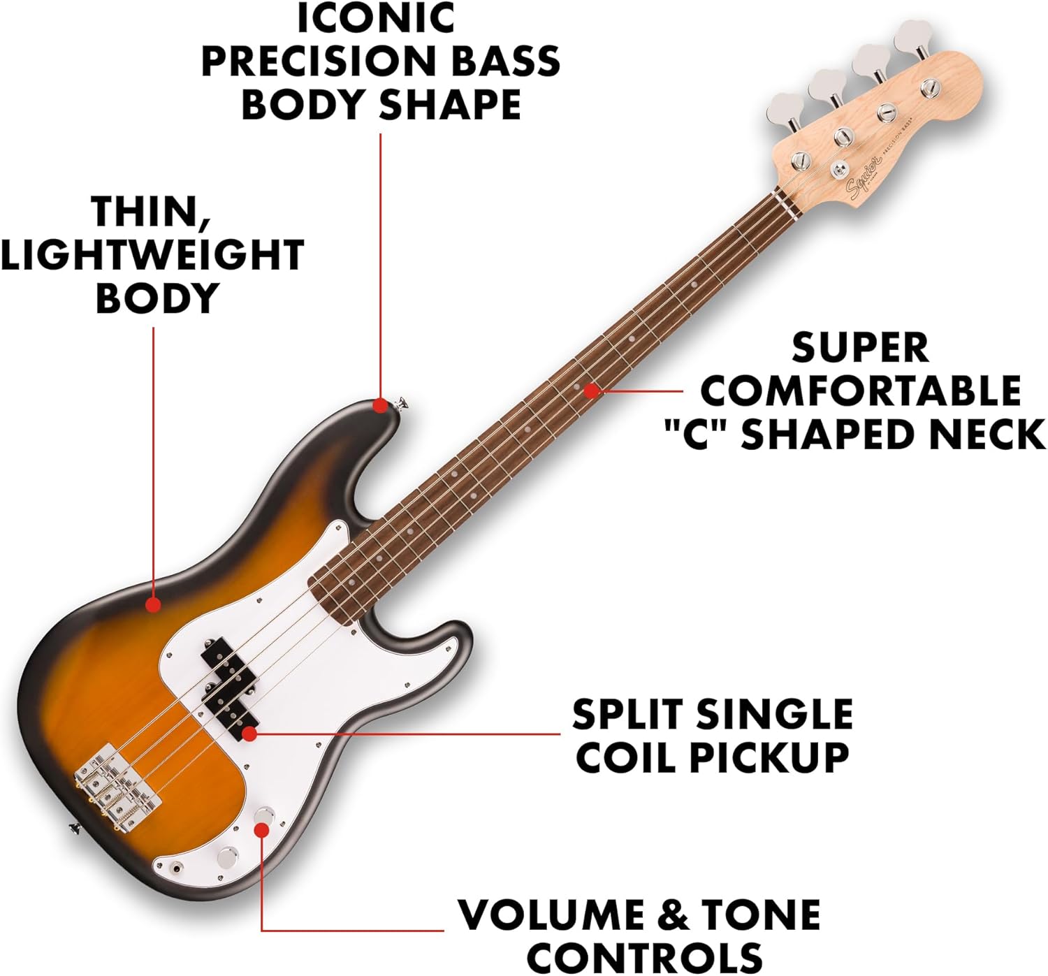 Fender Squier Debut Series Precision Bass Guitar, Beginner Guitar, with 2-Year Warranty, Includes Free Lessons, 2-Color Sunburst with Matte Finish