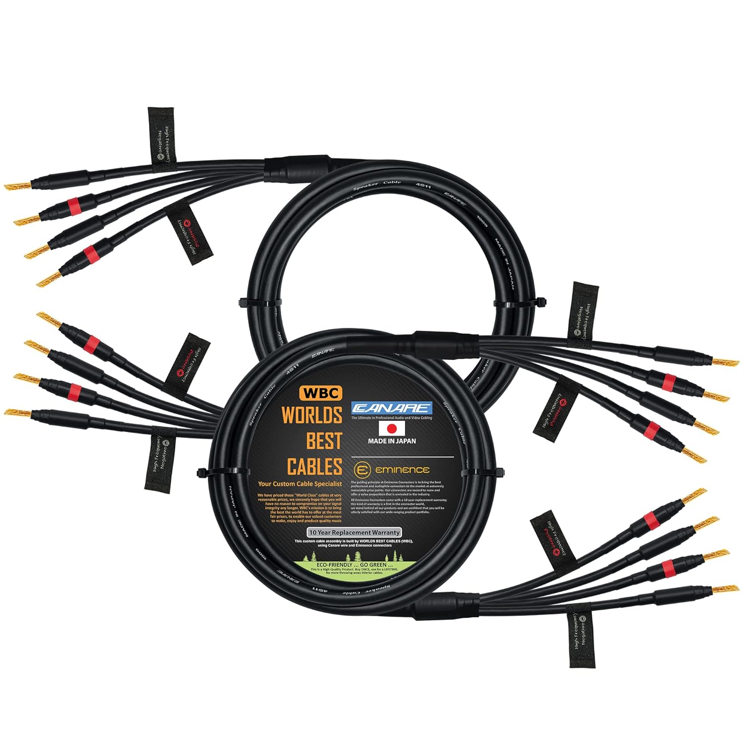 WORLDS BEST CABLES 5 Foot - Canare 4S11 – Audiophile Grade - HiFi Star-Quad Bi-Amp Speaker Cable Pair with Eminence Gold Banana Connectors