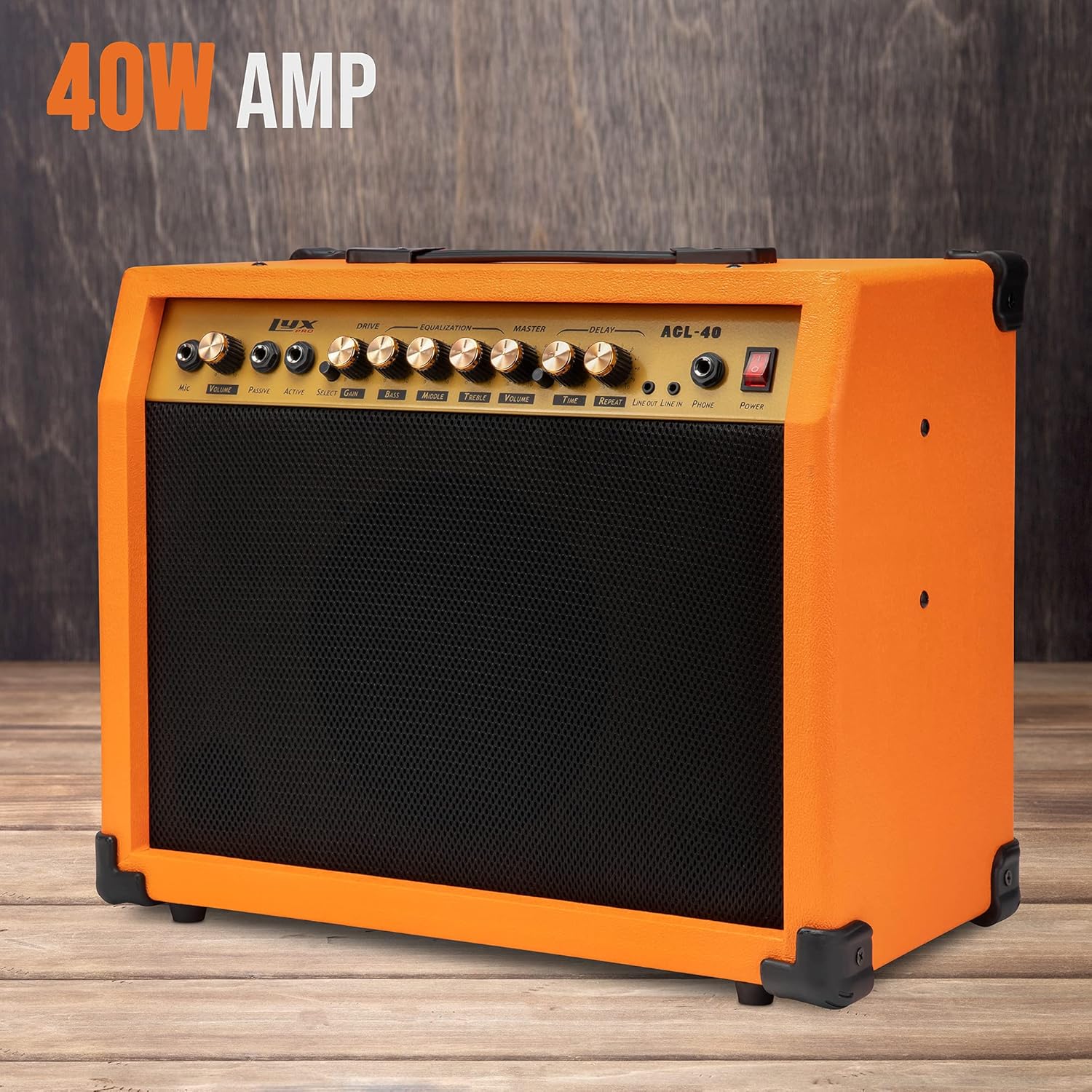 LyxPro 40 Watt Electric Guitar Amplifier | Solid State Studio Amp with 8” 4-Ohm Speaker, Custom EQ Controls, Drive, Delay, ¼” Passive/Active/Microphone Inputs, Aux in & Headphone Jack - Sunburst