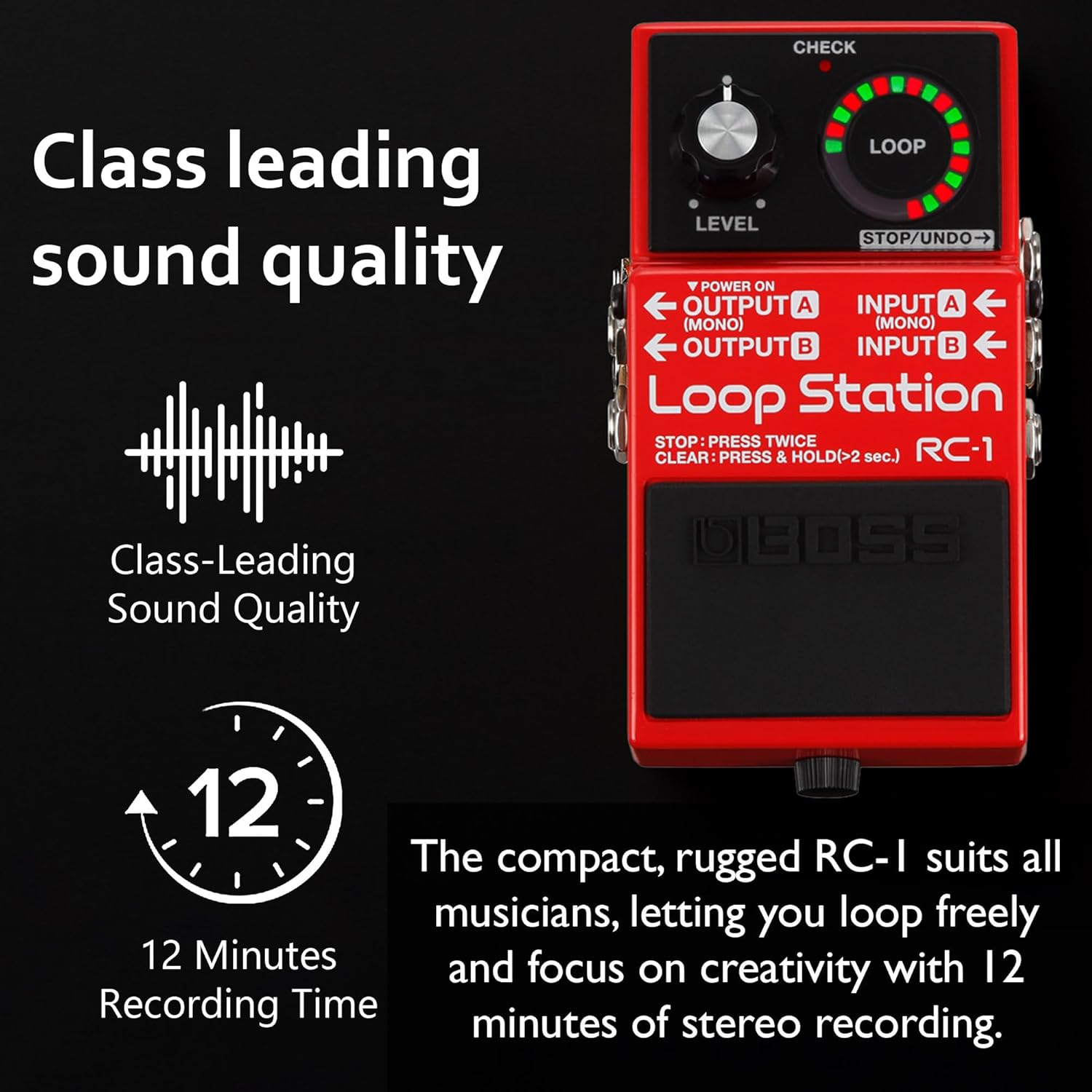 Boss RC-1 Loop Station Bundle with Gearlux Power Supply, Instrument Cable, Patch Cable, and Picks